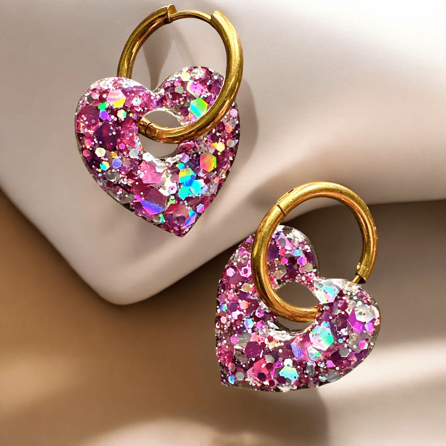 Boucles d'Oreilles coeur paillette parme et argent