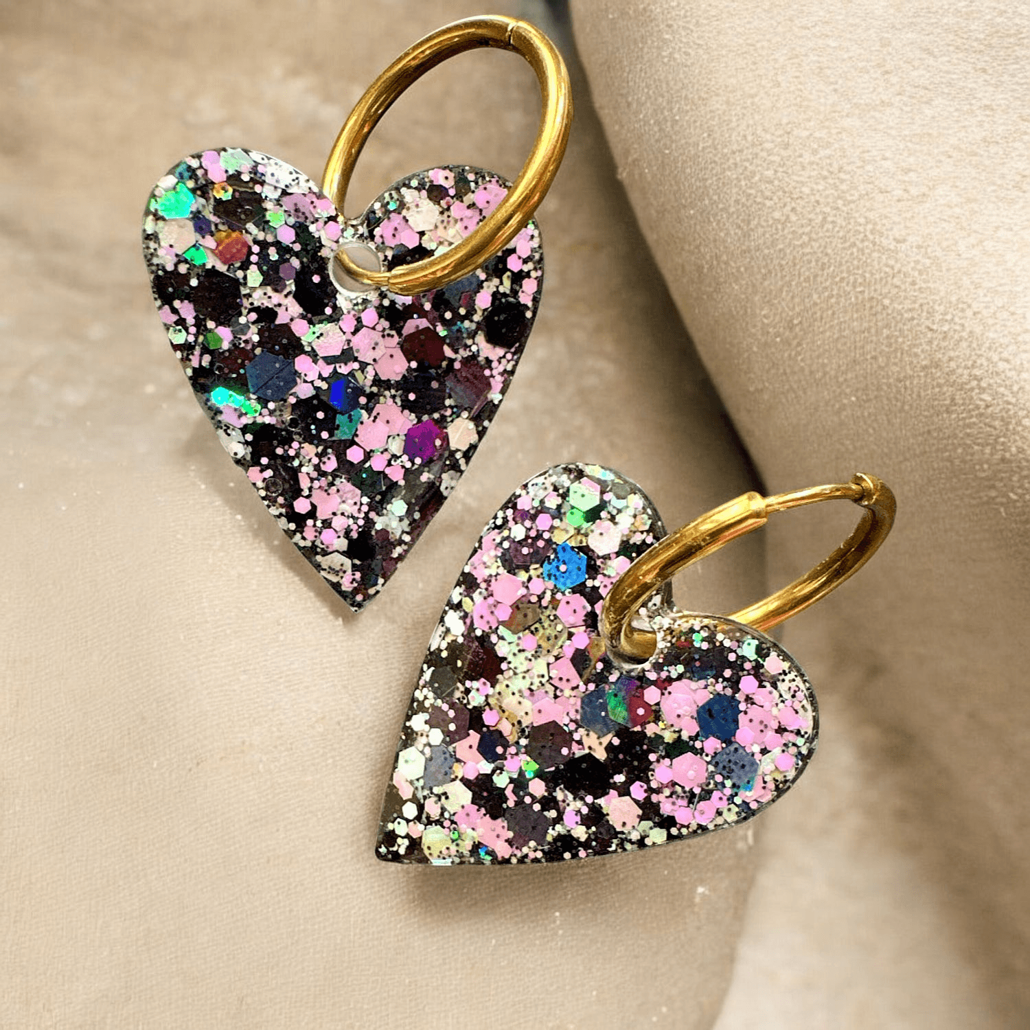 Boucles d'Oreilles maxi Coeur Paillette noir, rose et couleurs