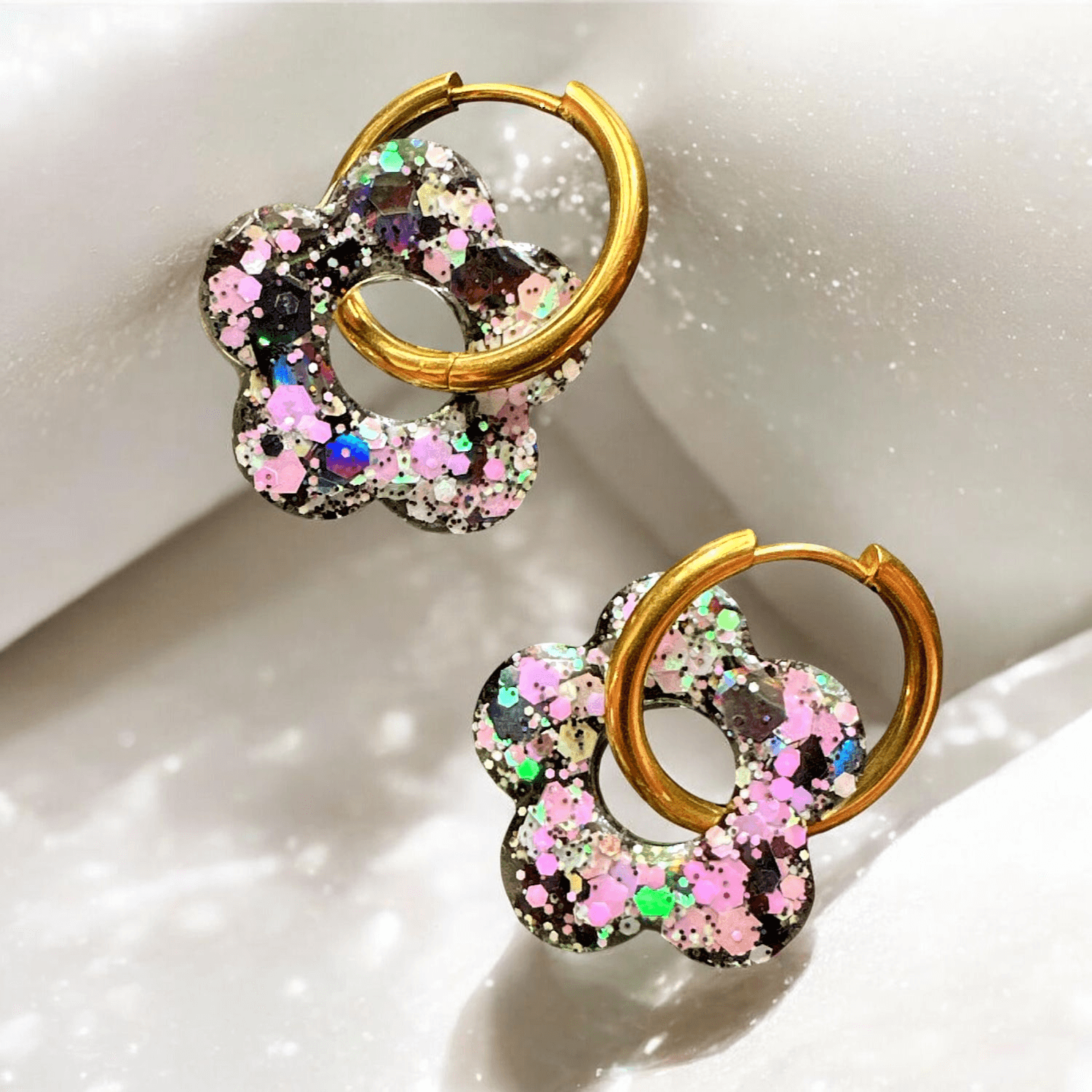 boucles d'oreilles paillette noir rose et couleurs