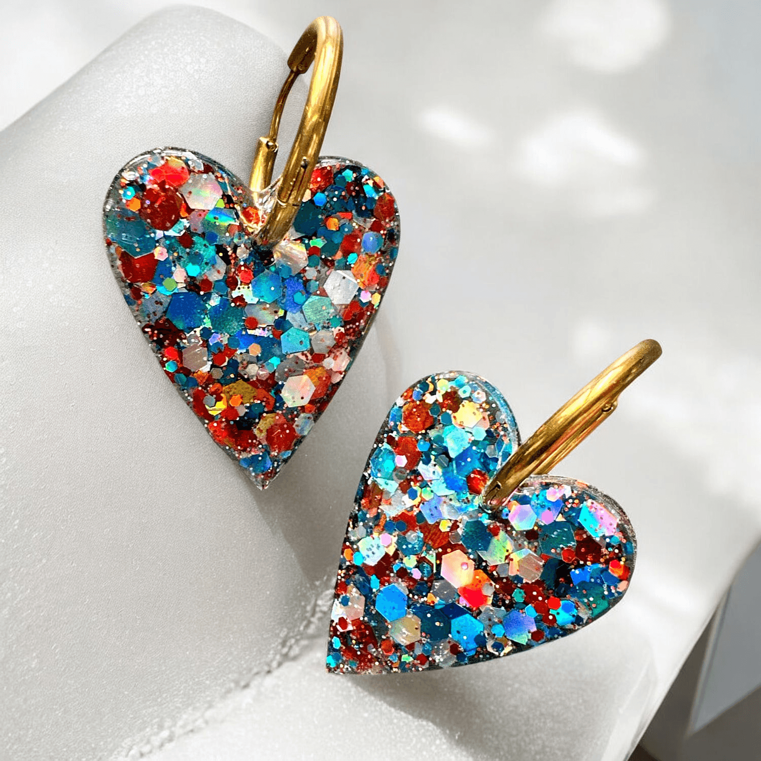 Boucles d'Oreilles maxi cœur paillette bleu ciel et terra cotta