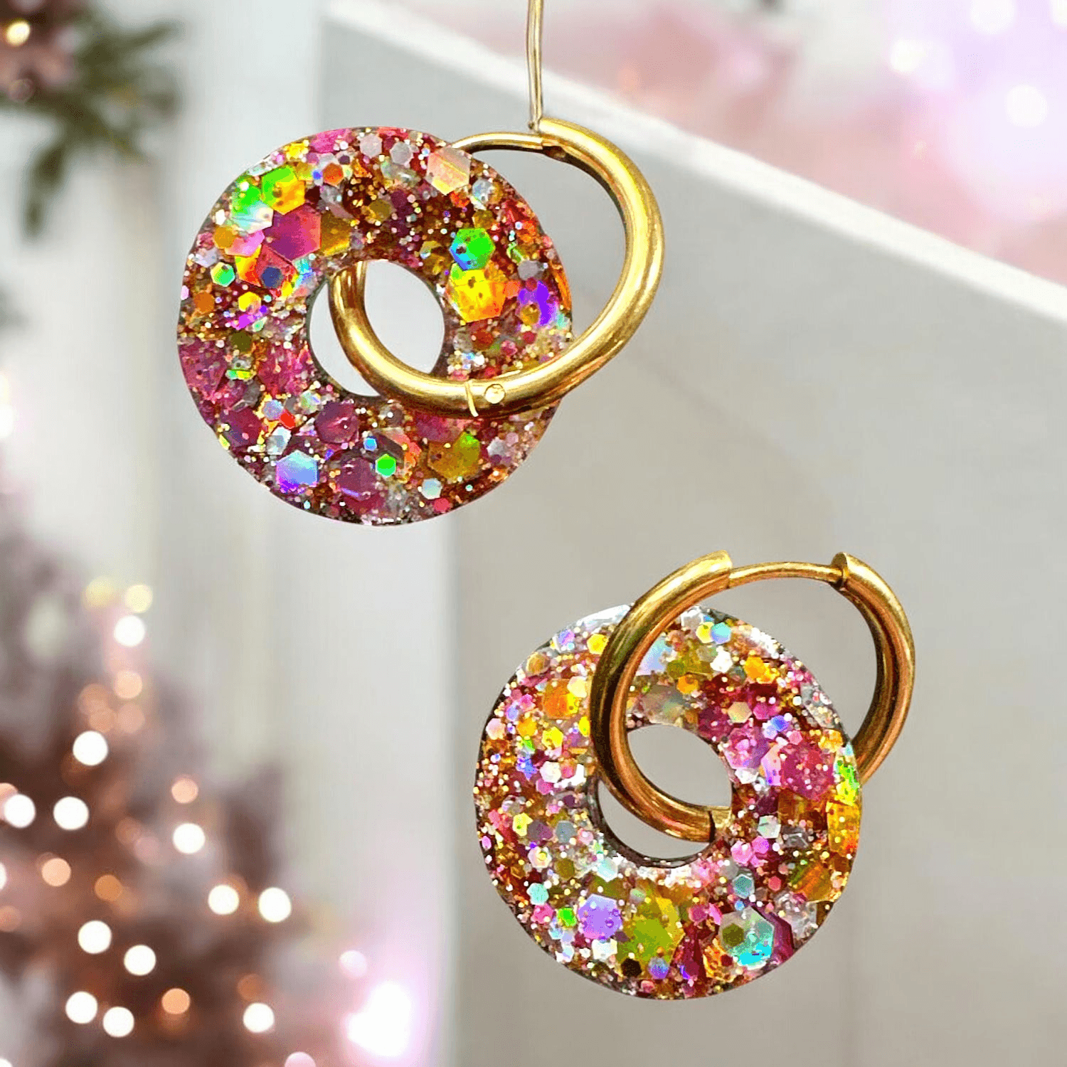 Boucles d’oreilles cercle paillette argent or gold et rose lilas