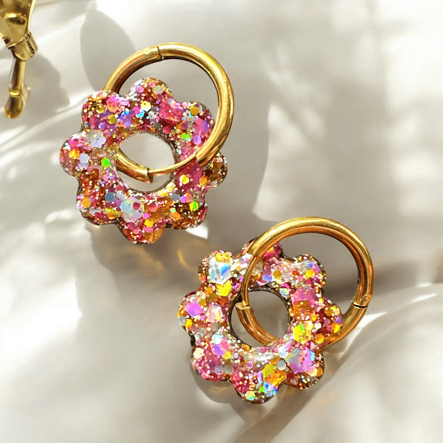 Boucles d'Oreilles soleil paillette argent or gold et rose lilas