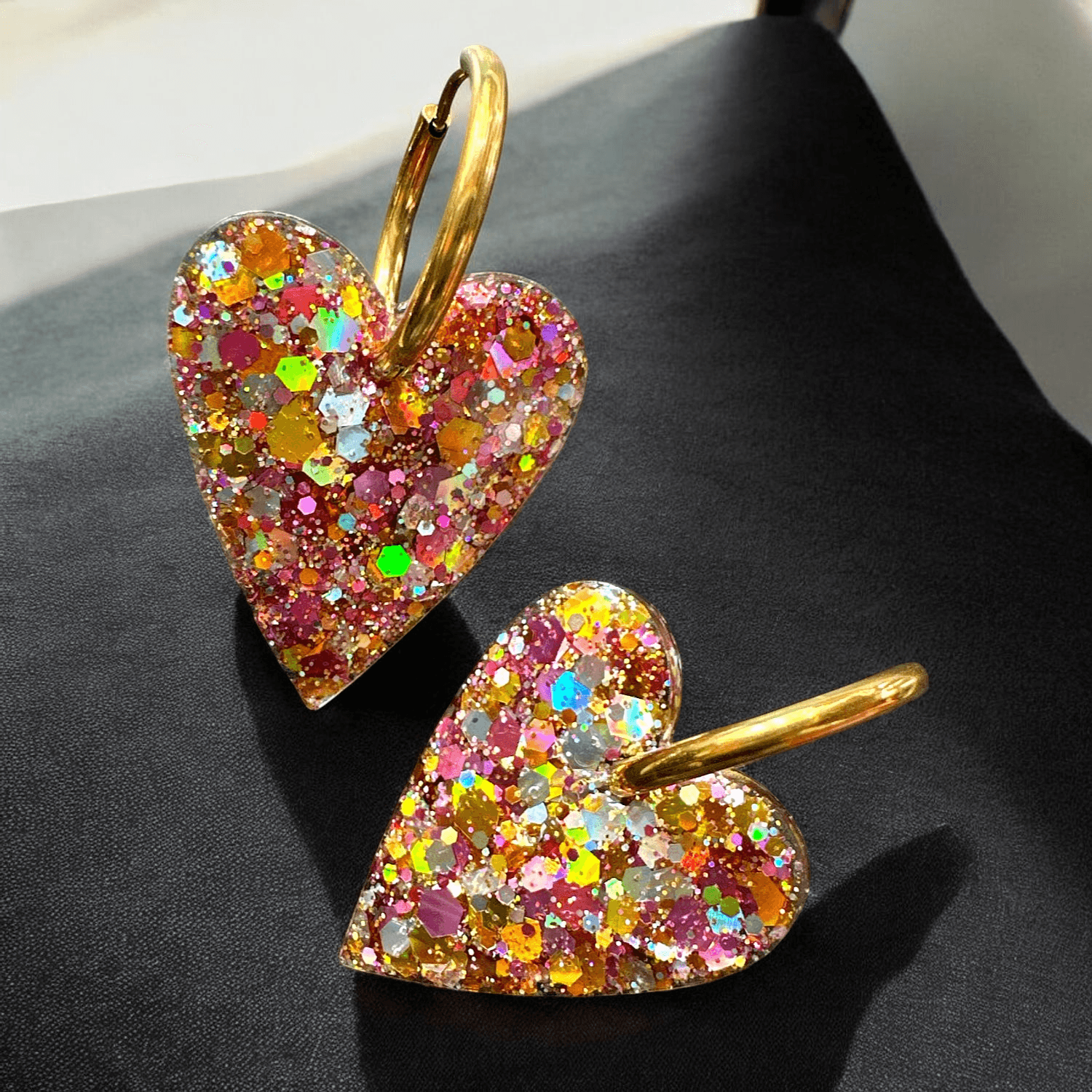 Boucles d'Oreilles maxi cœur paillette argent or gold et rose