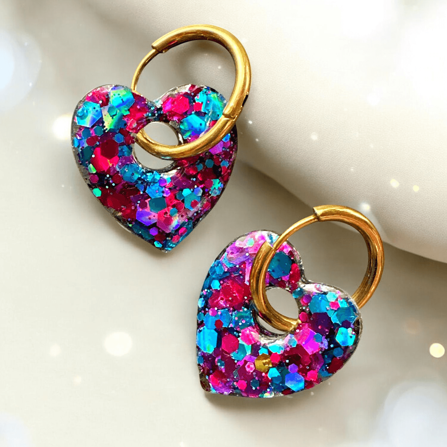 Boucles d'Oreilles Cœur paillette bleu turquoise et fushia