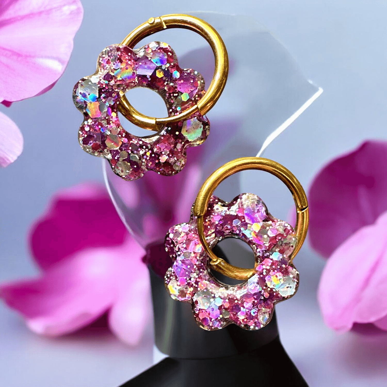 Boucles d'Oreilles soleil paillette parme et argent