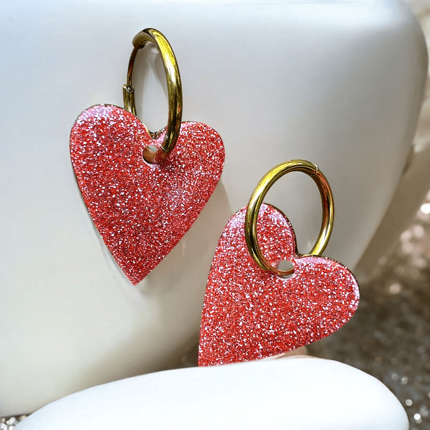 Boucles d'Oreilles maxi Cœur paillette fine rose saumon