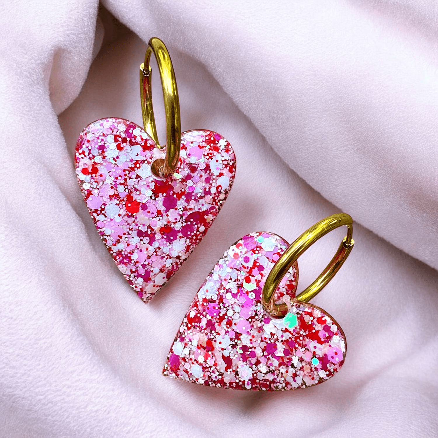 Boucles d'Oreilles maxi cœur rouge blanc et rose