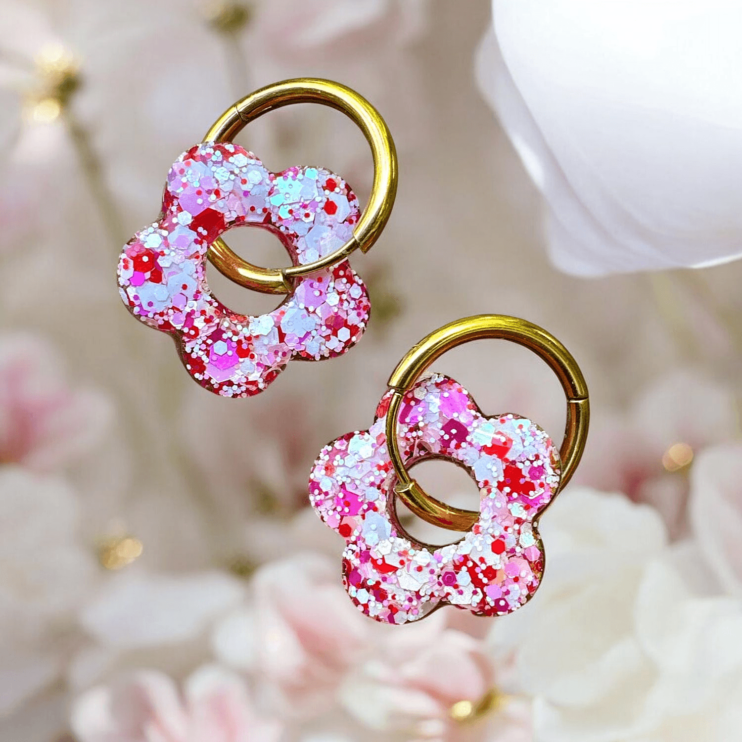 Boucles d'Oreilles Fleur paillette rouge blanc et rose