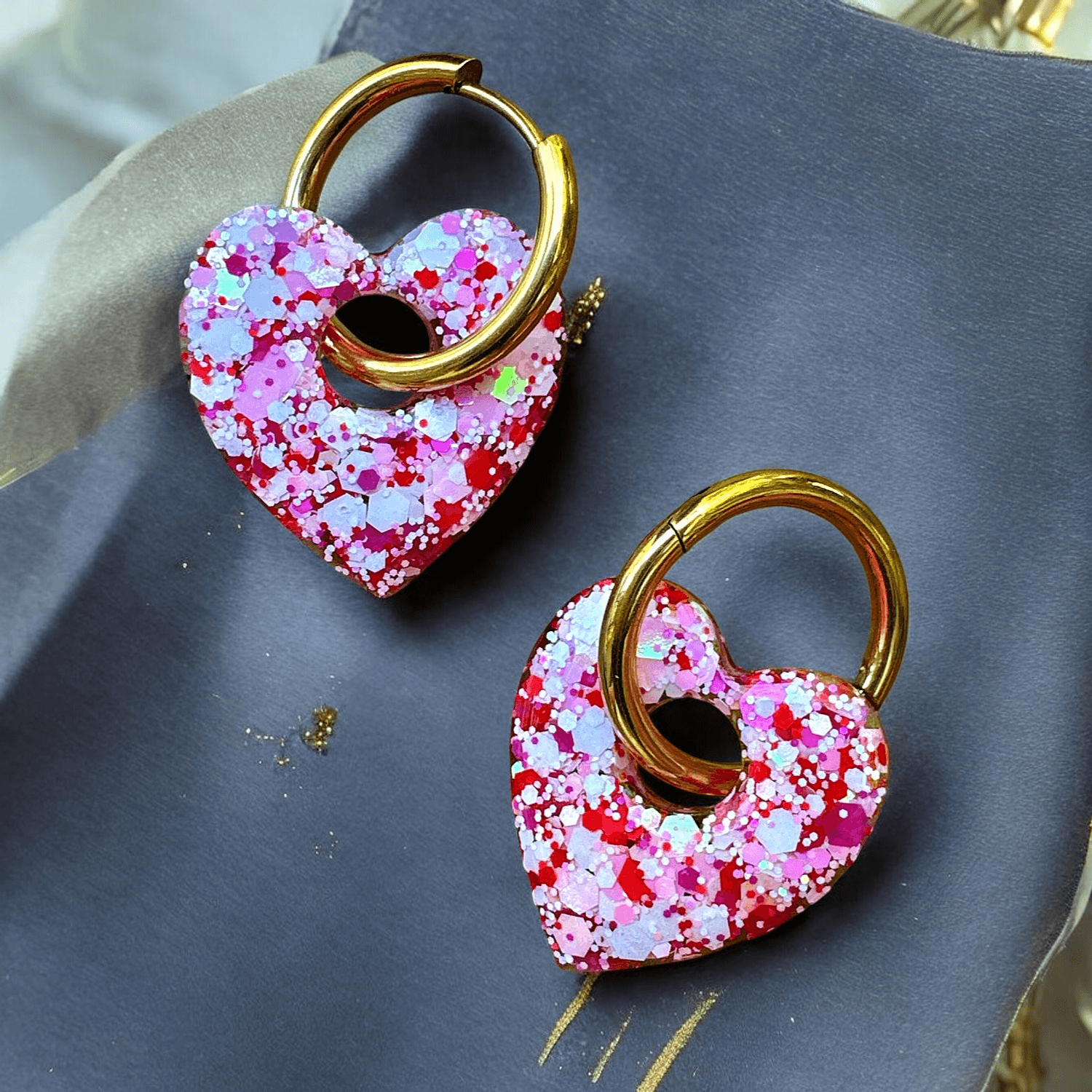Boucles d'oreilles cœur paillette rouge blanc et rose
