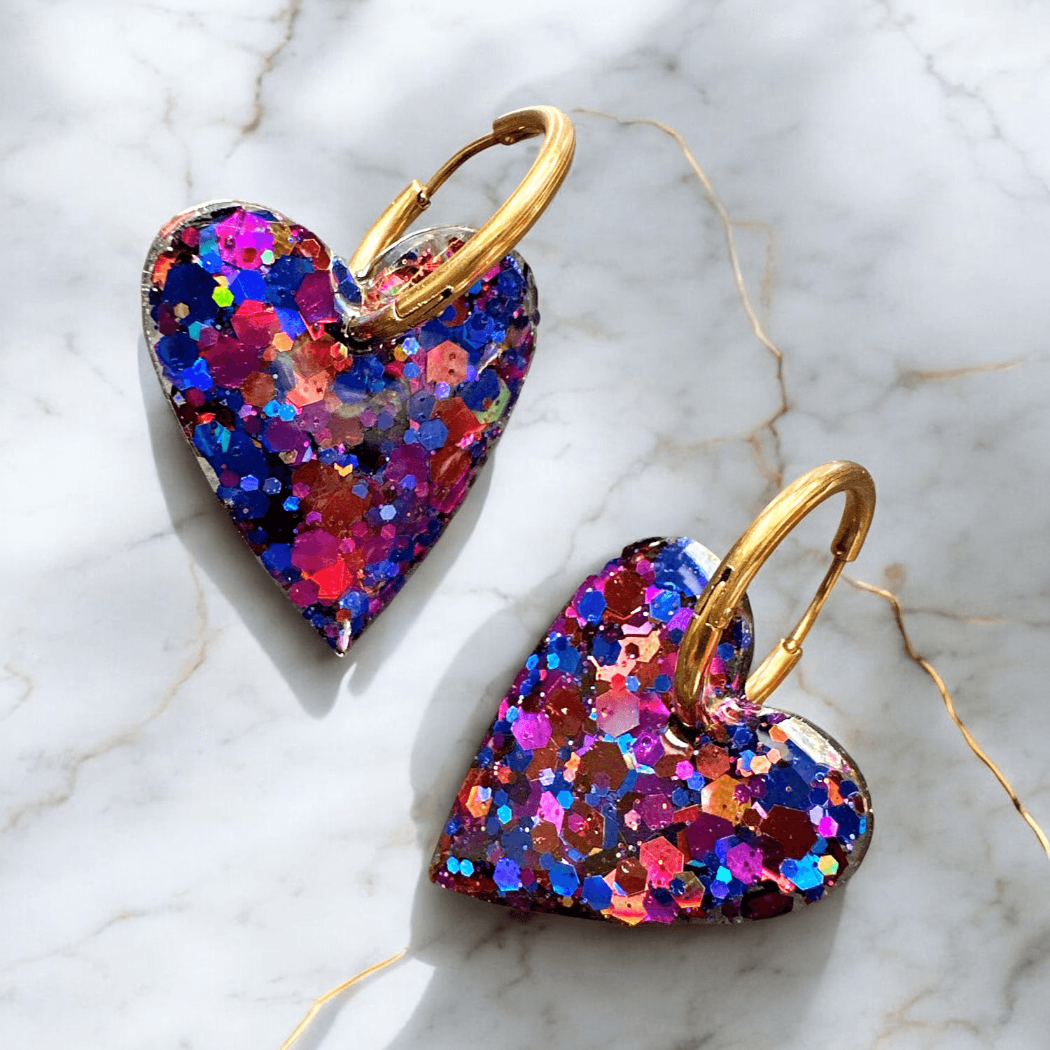 Boucles d'Oreilles maxi Cœur Paillette bleu roi et fushia