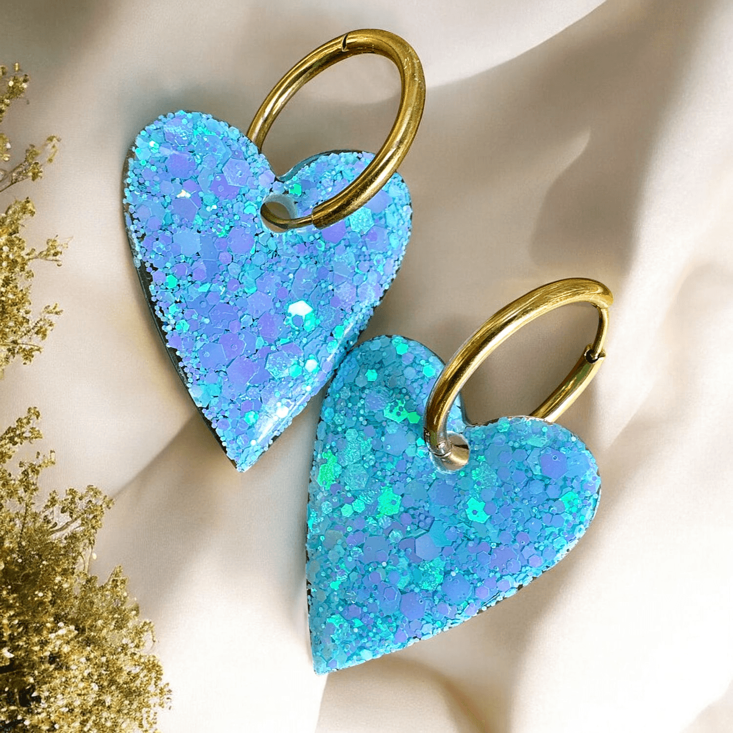 Boucles d'Oreilles maxi Coeur menthe glacial holographique