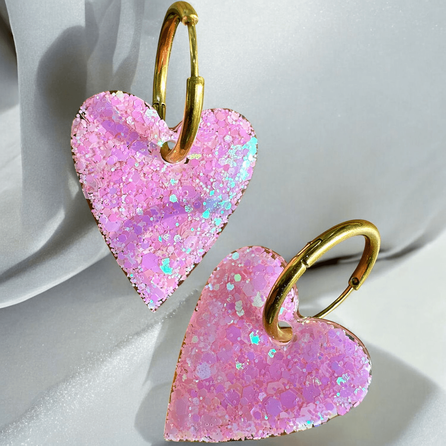 Boucles d'Oreilles maxi Coeur Paillette rose holographique
