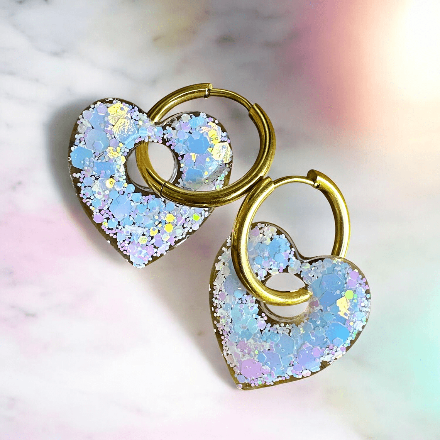 Boucles d'Oreilles Cœur Paillette blanche holographique