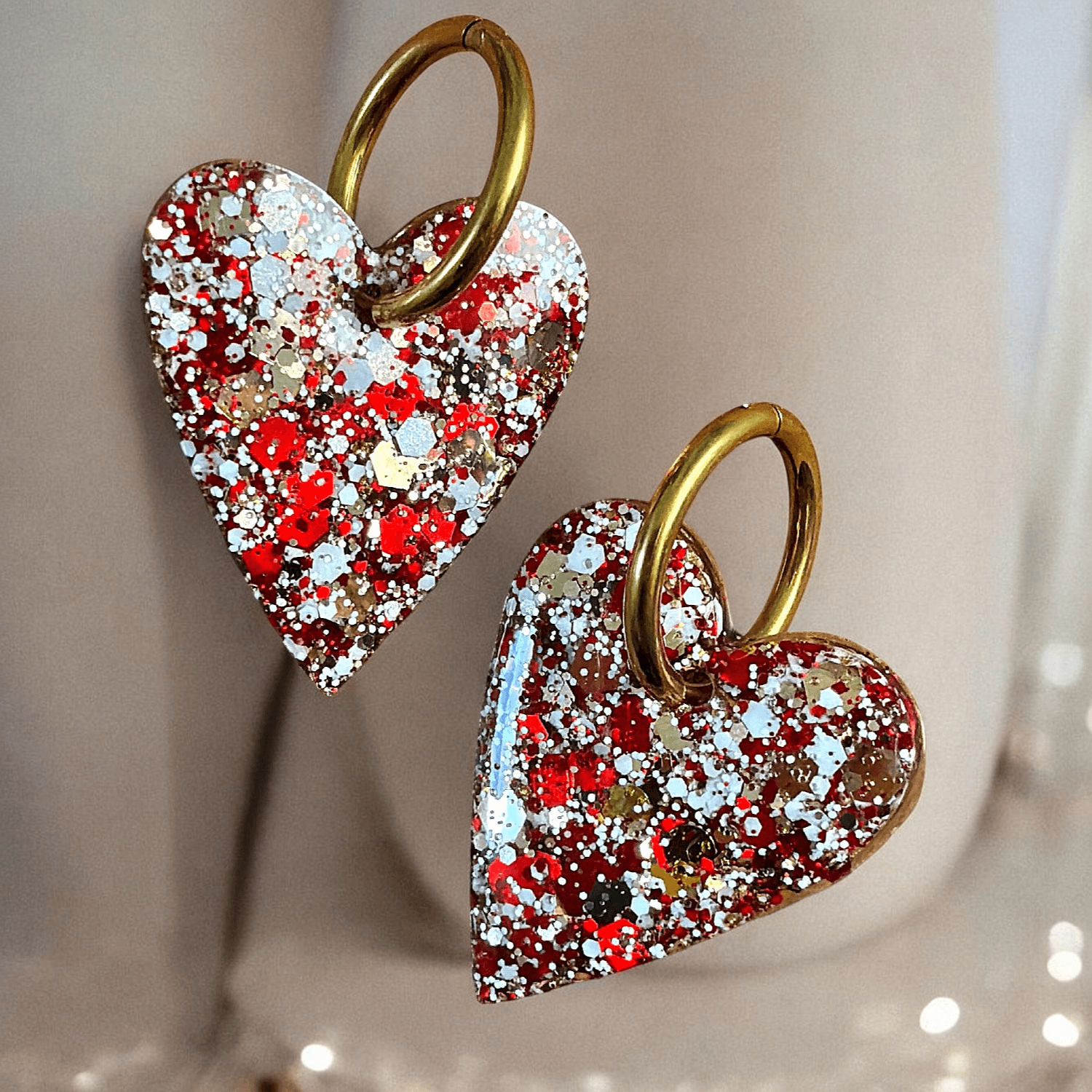 Boucles d'Oreilles maxi Coeur Scintillant rouge blanc et or