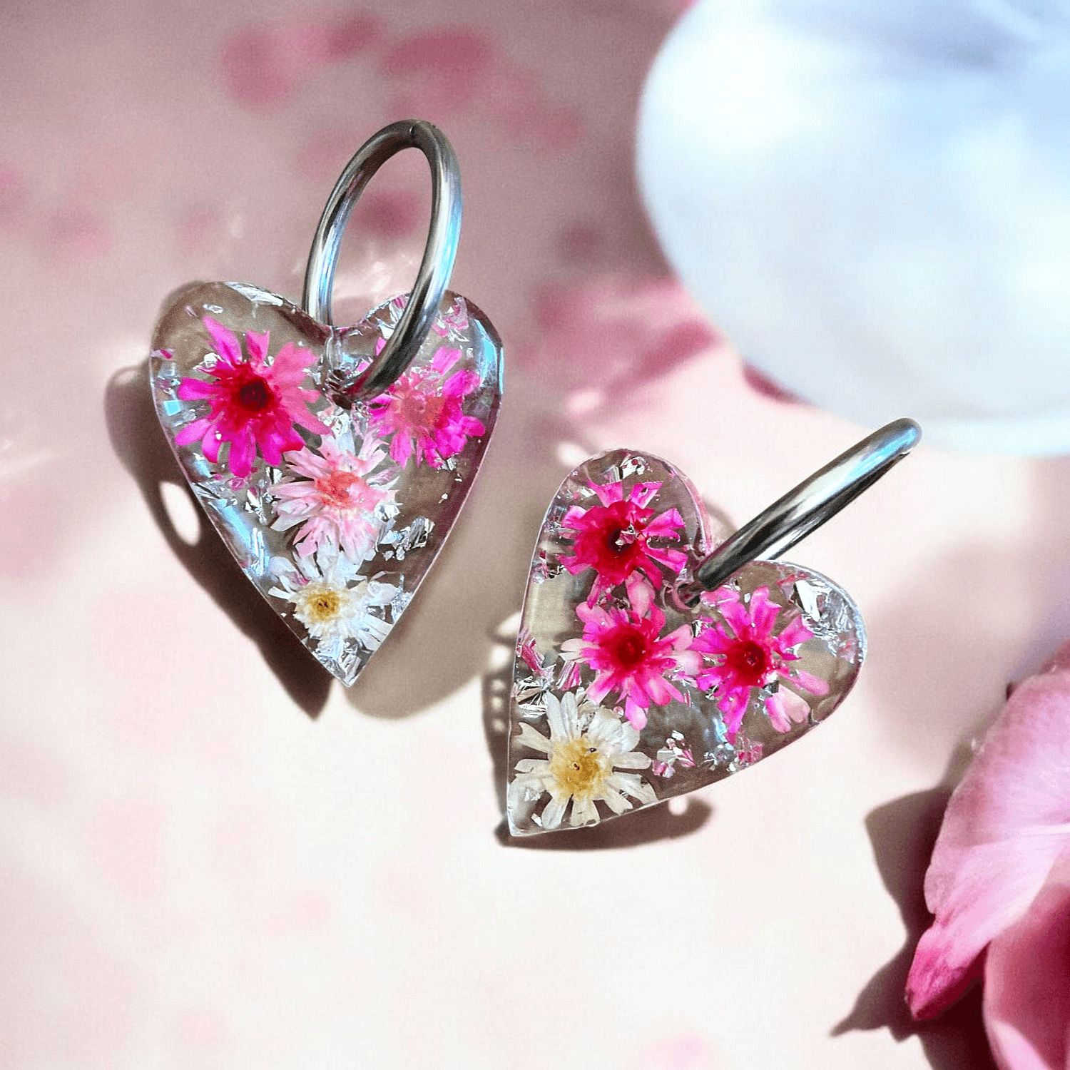 Boucles d'Oreilles maxi Cœur florale argent Fleurs Séchées