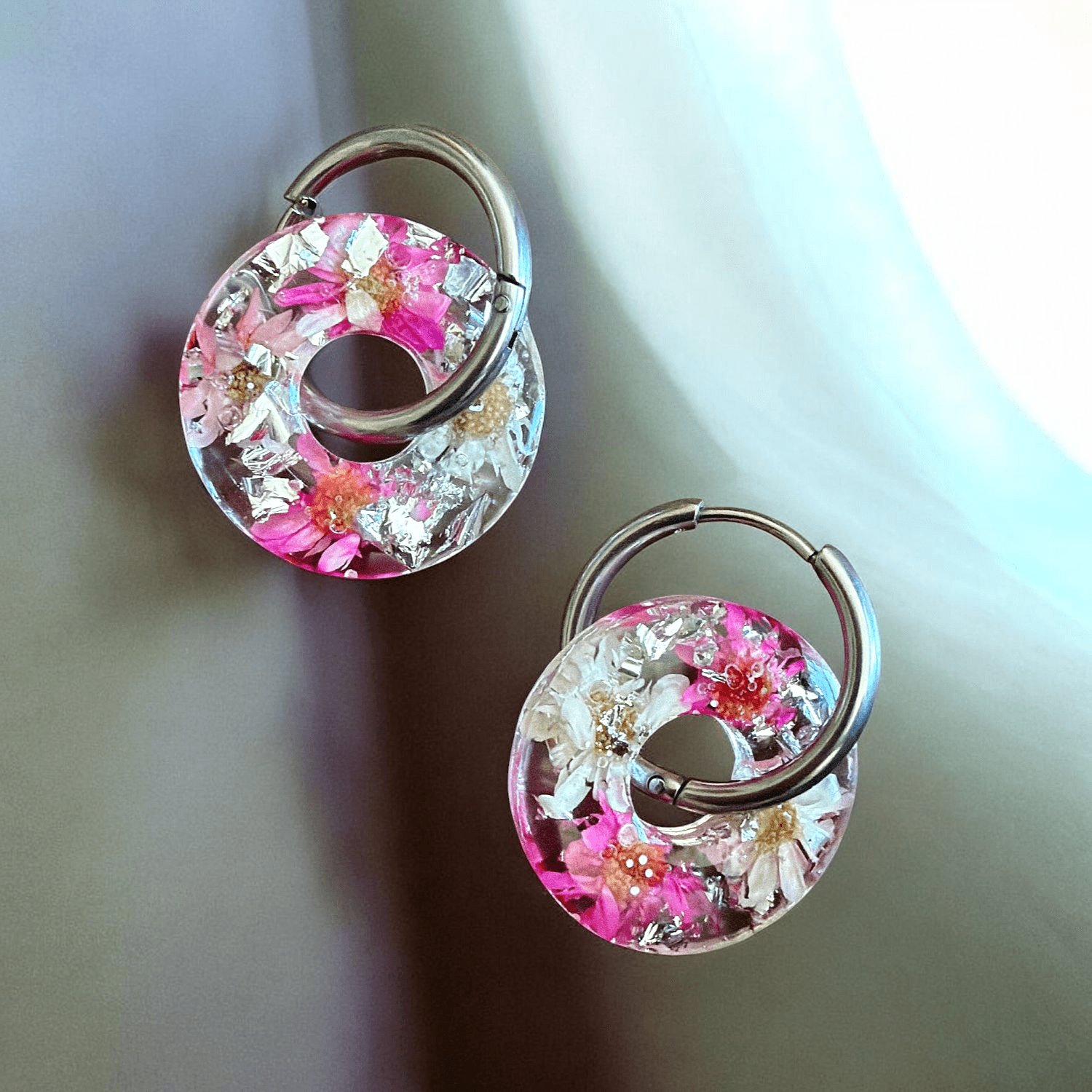 Boucles d'Oreilles cercle florale argent Fleurs Séchées