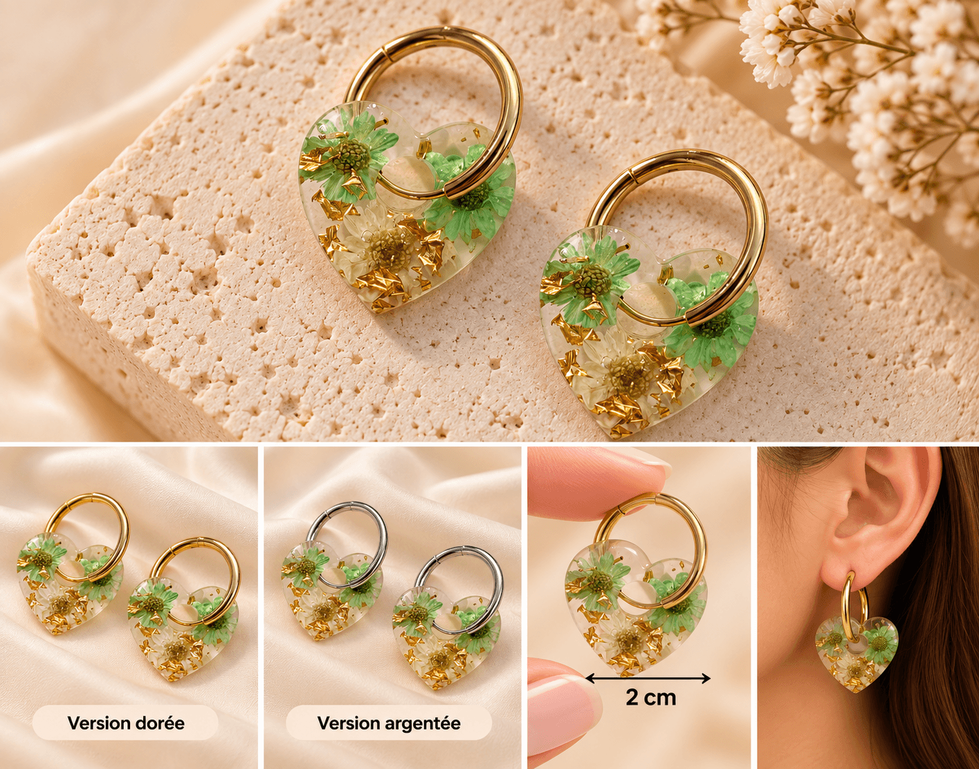 Boucles d'oreilles cœur floral vert et doré