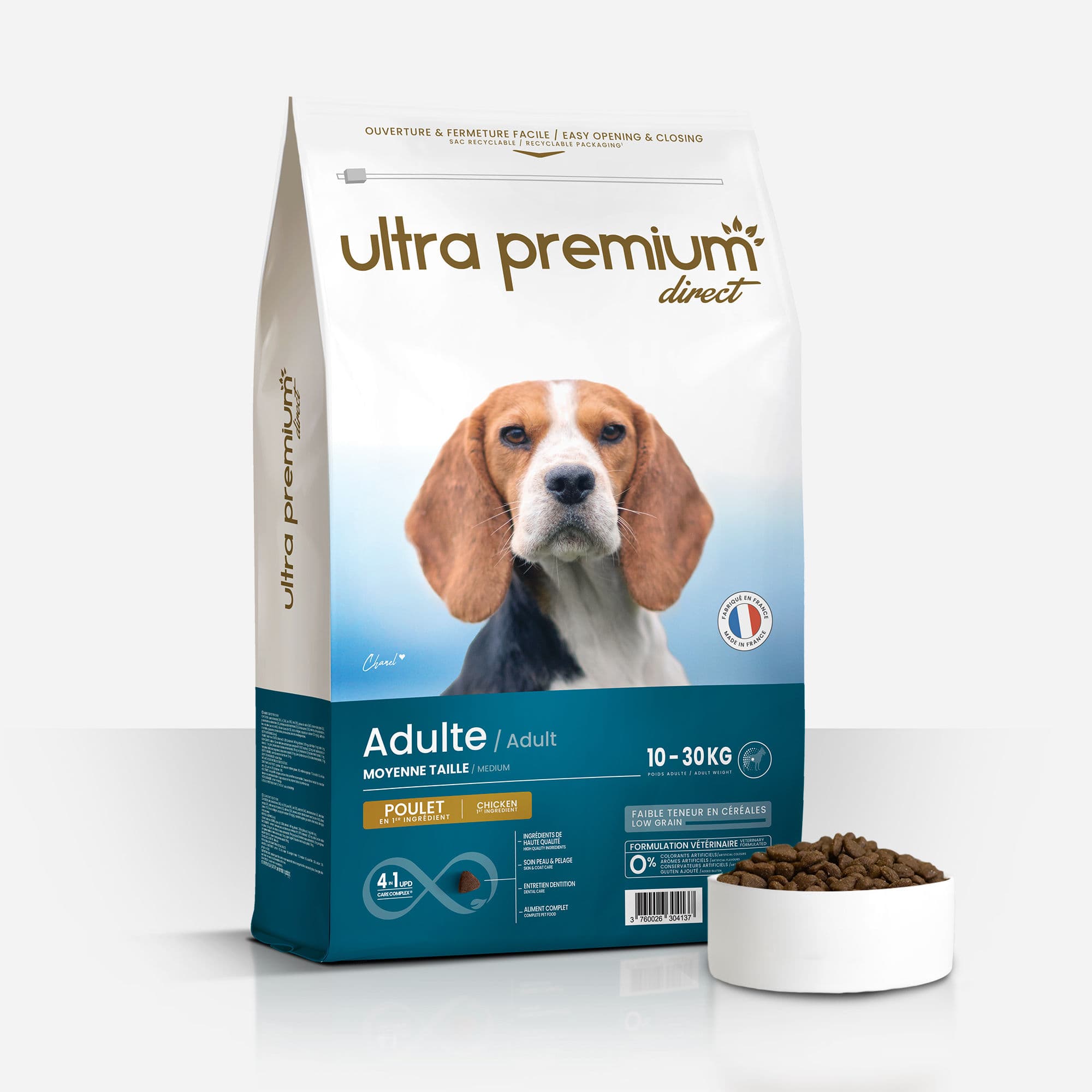 Croquettes Super Premium pour Chien de Taille Moyenne (de 10 à 30 Kg) - au Poulet - Sac de 12 kg - Fabriqué en France - Ultra Premium Direct