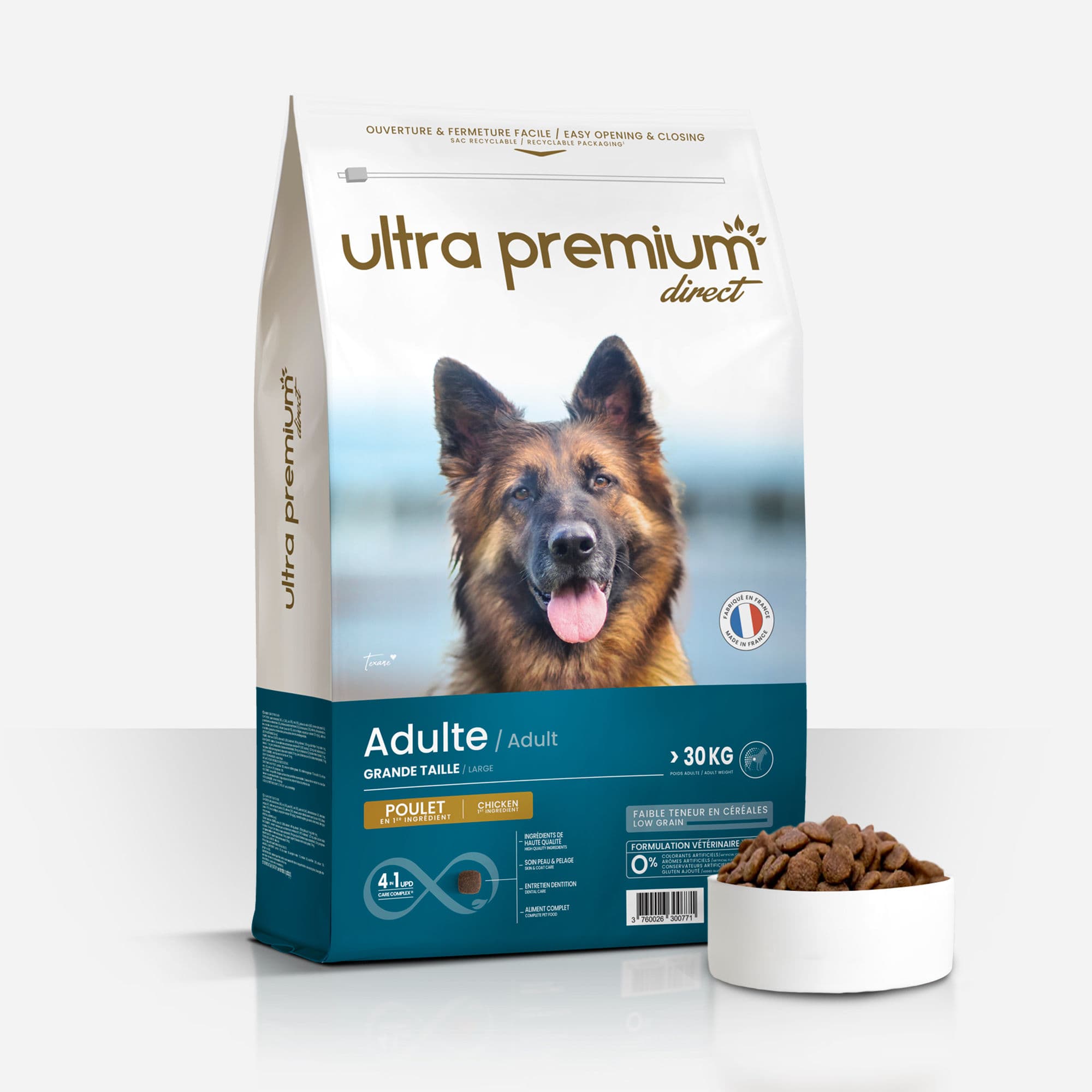 4 sacs de 12kg - Croquettes Super Premium pour Chien de Grande Taille - Poulet et Riz - Fabriquées en France - Ultra Premium Direct