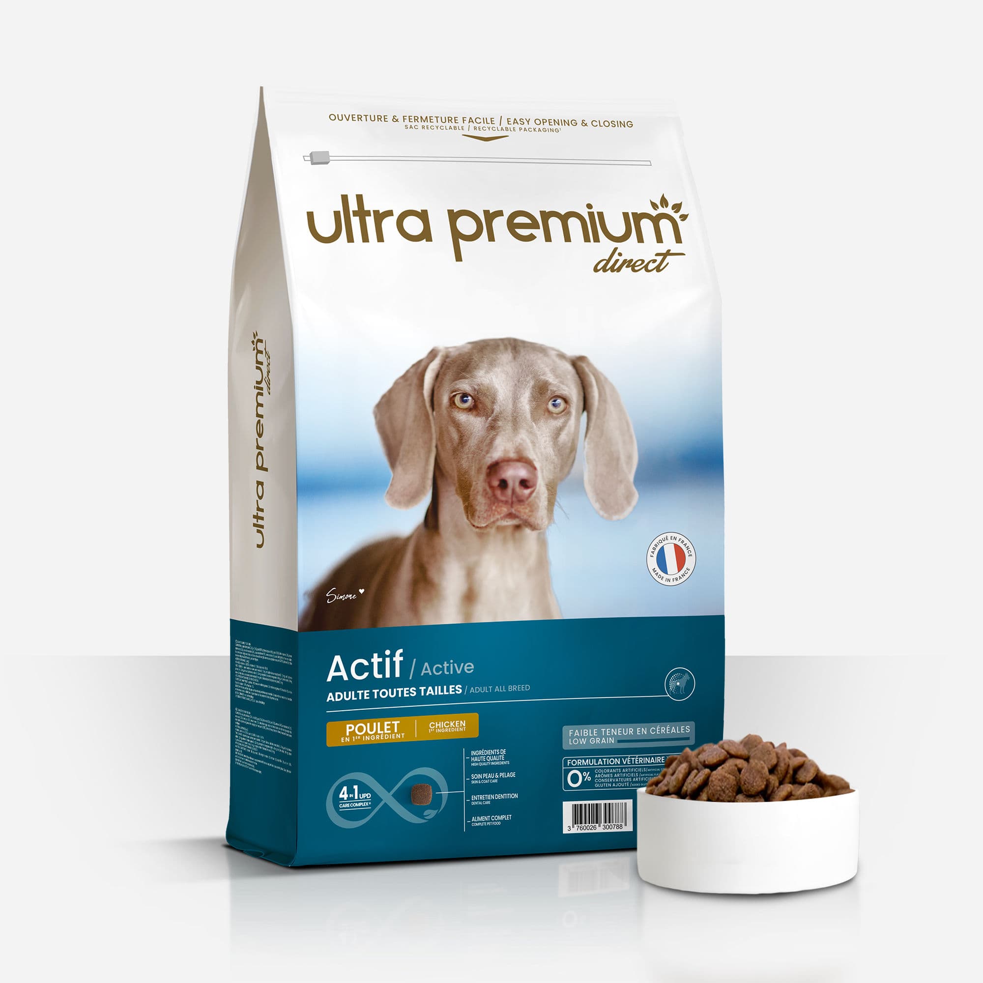 Croquettes pour Chien Actif de Toutes Tailles - Poulet, riz et huile de saumon - sac de 12 kg - Fabriquées en France - Ultra Premium Direct
