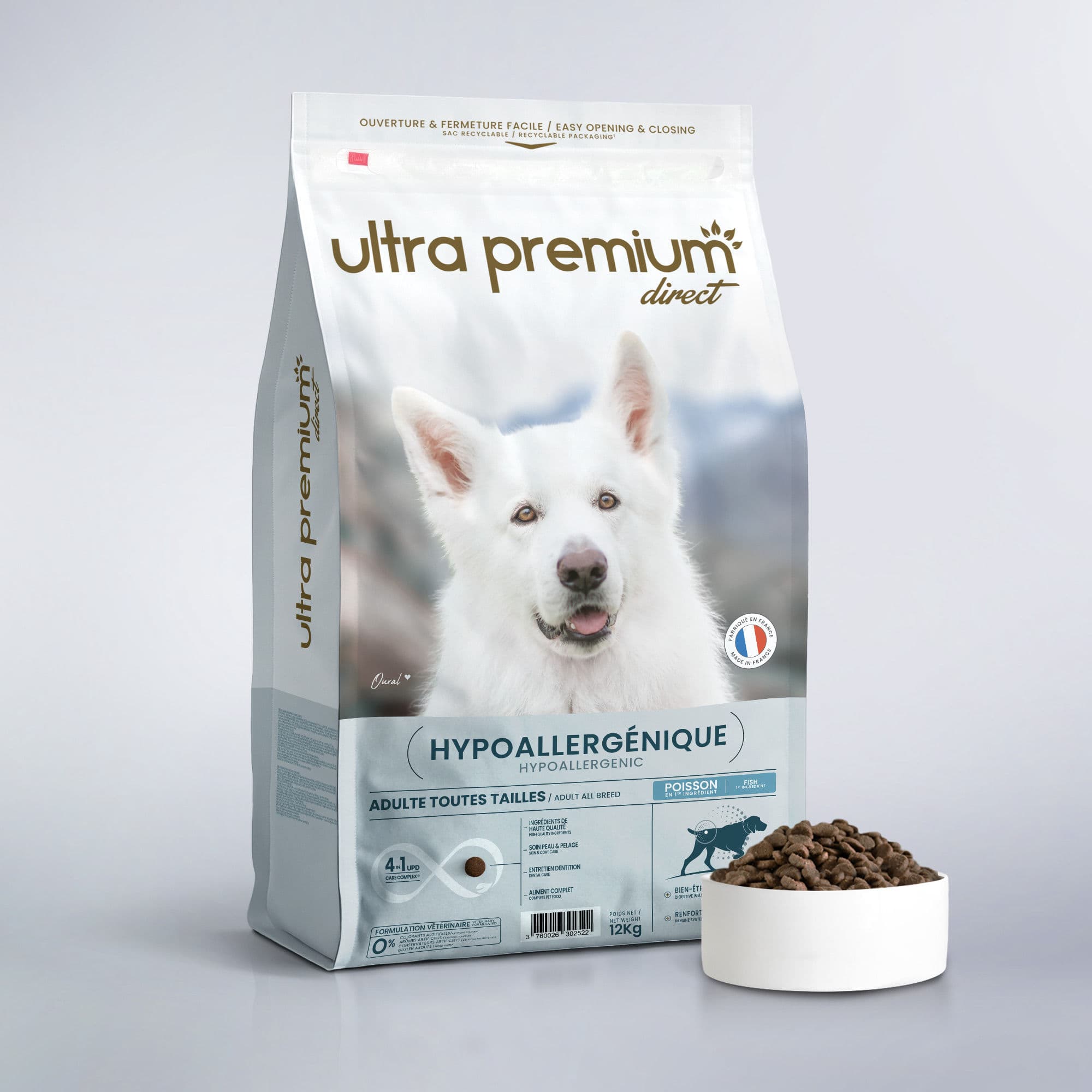 Croquettes Chien Hypoallergéniques - Poisson - 12kg - Fabriqué en France - Ultra Premium Direct