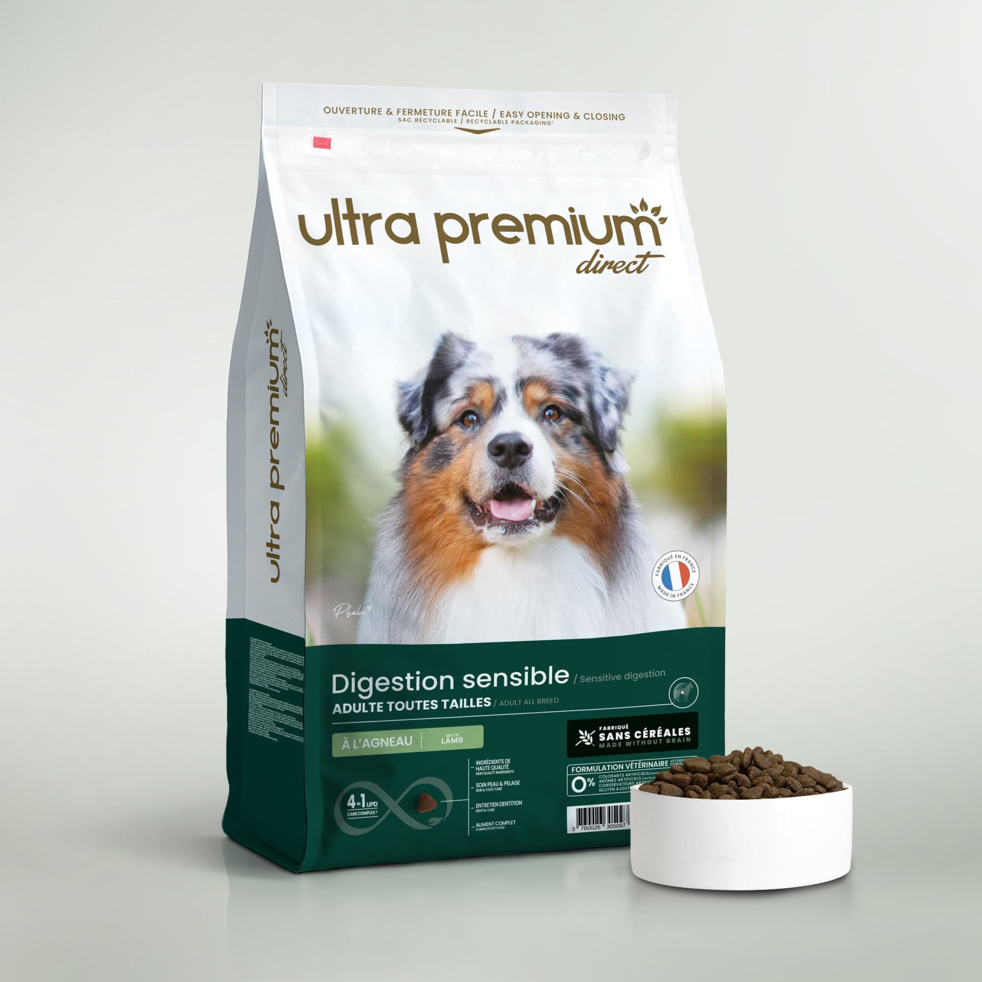 Croquettes Chien Digestion - Agneau - 12 kg - Fabriqué en France Sans Céréales - Ultra Premium Direct