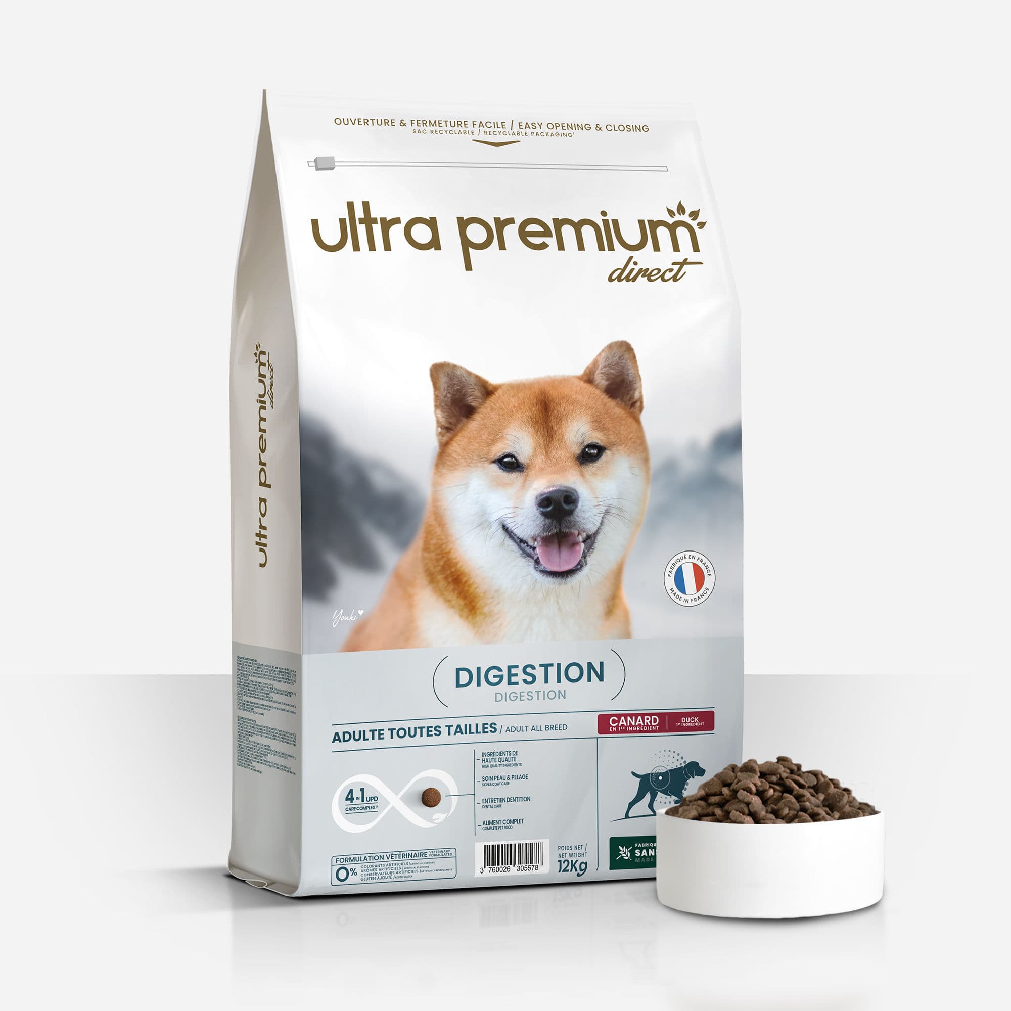 Croquettes digestion chien au canard - Probiotique et prébiotique - Fabriquées en France Sans Céréales - sac de 12 kg - Ultra Premium Direct