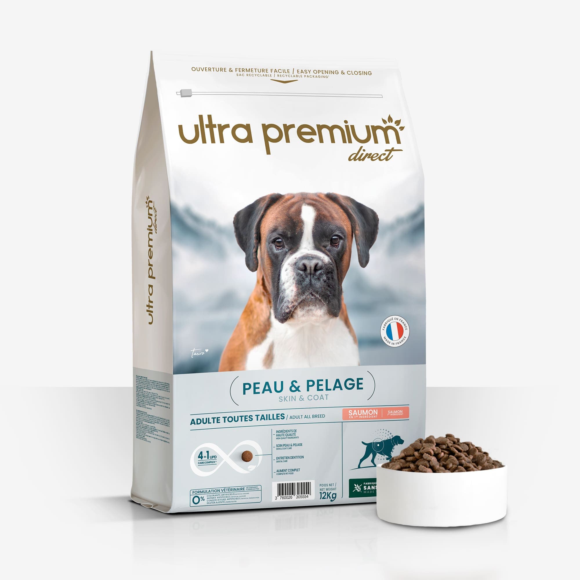Croquettes chien peau sensible au saumon - Fabriquées en France sans céréales - Source d'oméga 3 et 6 - sac de 12kg - Ultra Premium Direct