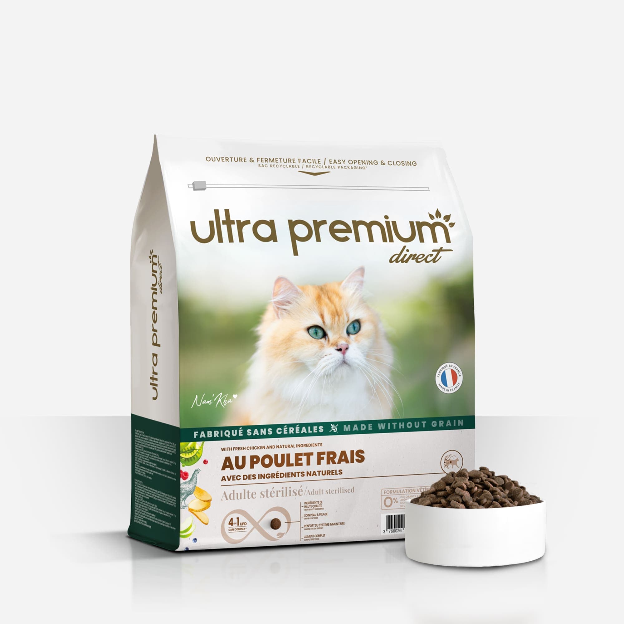 Croquettes chat au poulet frais - Stérilisé - Allégées en matières grasses - Sans Céréales - sac de 7kg - Fabriqué en France - Ultra Premium Direct