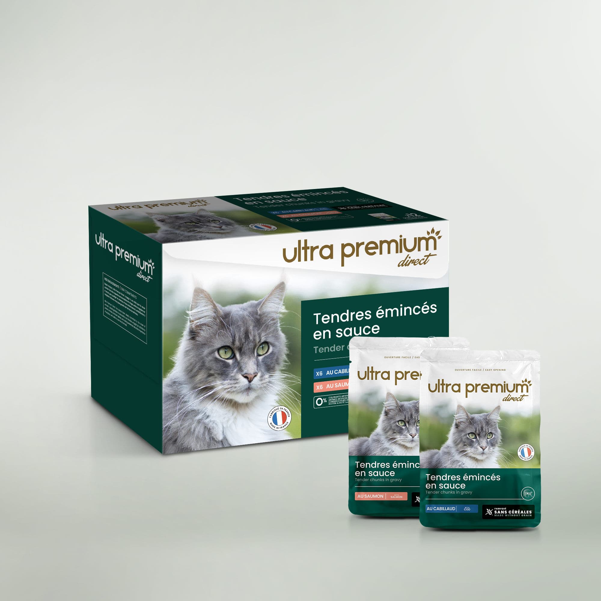 Pâtée Chat Saumon et Cabillaud - 12x85g - Fabriqué en France Sans Céréales - Ultra Premium Direct