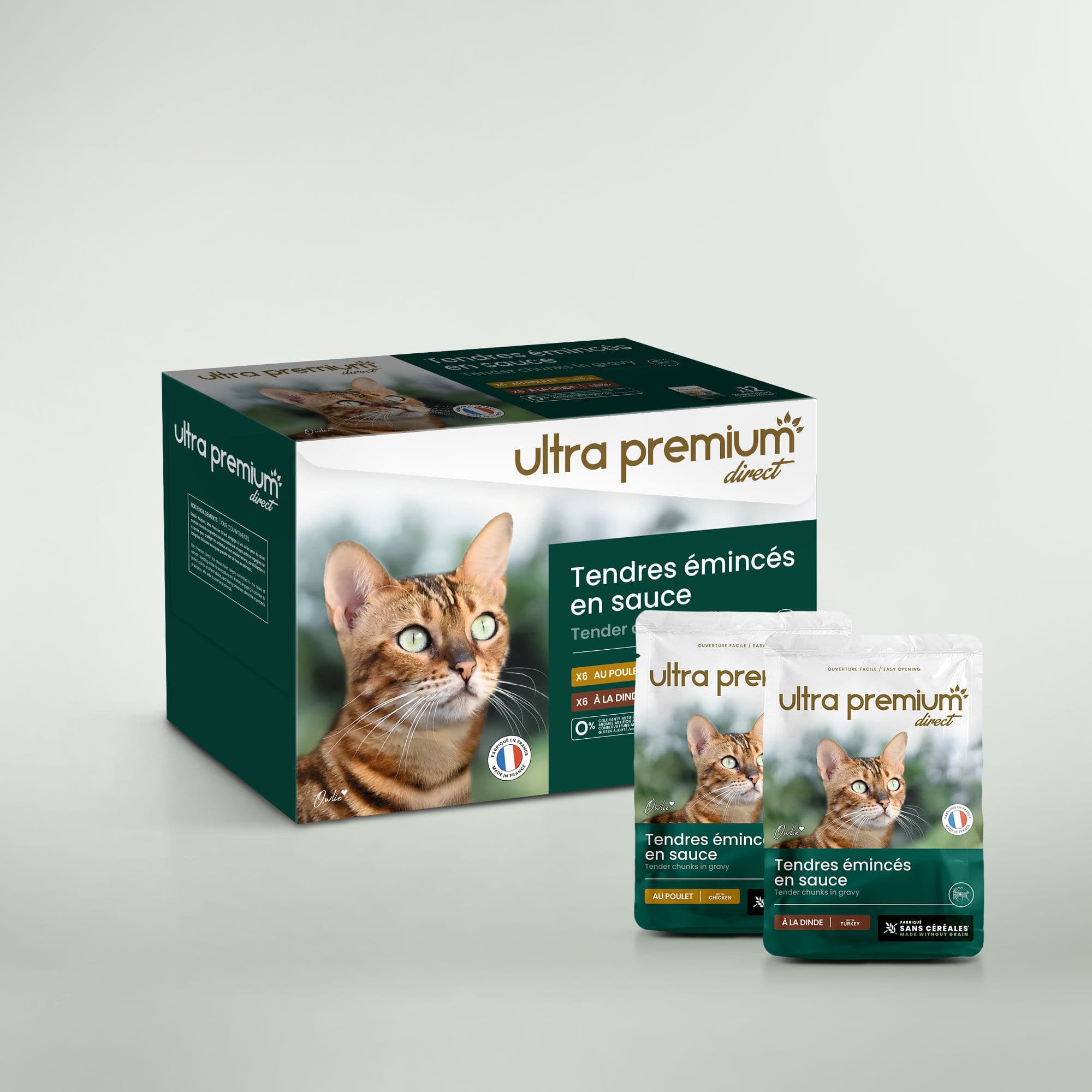 Lot de Pâtées chat - Poulet / Dinde - Effilés en sauce - 48x85g - Fabriqué en France Sans Céréales - Ultra Premium Direct