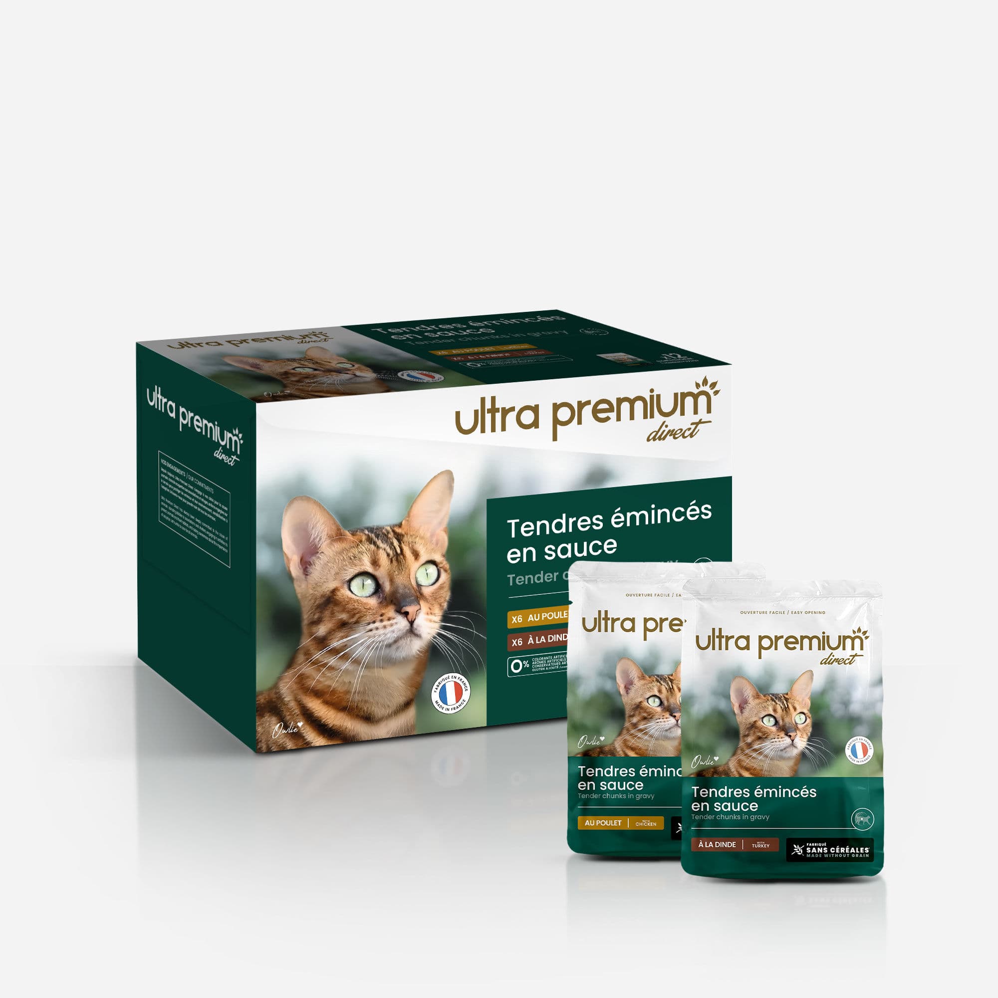 Sachets Fraîcheur pour Chat Sans Céréales - Tendres Emincés en Sauce Poulet / Dinde 