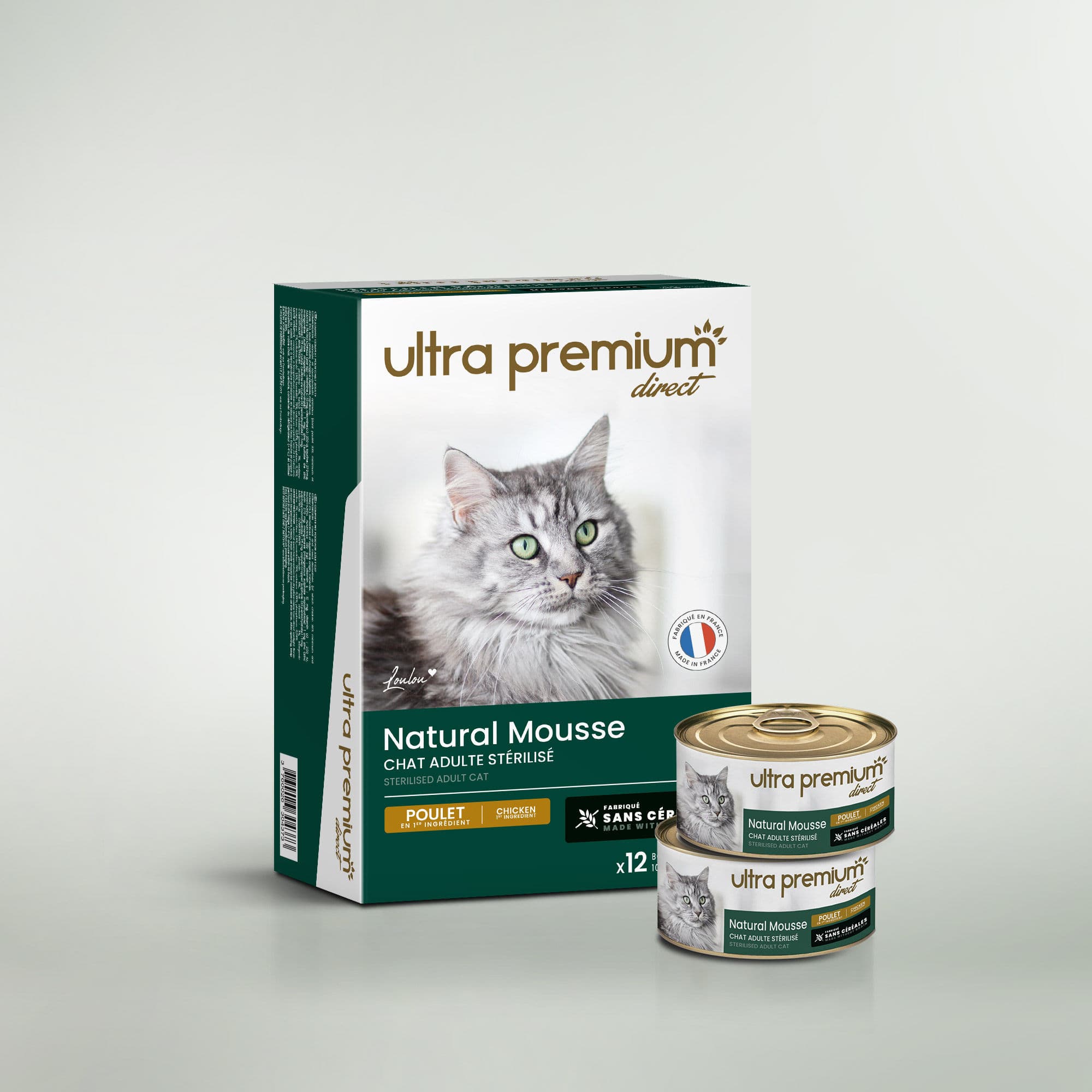 Pâtée Chat Stérilisé - Mousse au Poulet - 12x85g - Fabriqué en France Sans Céréales - Ultra Premium Direct
