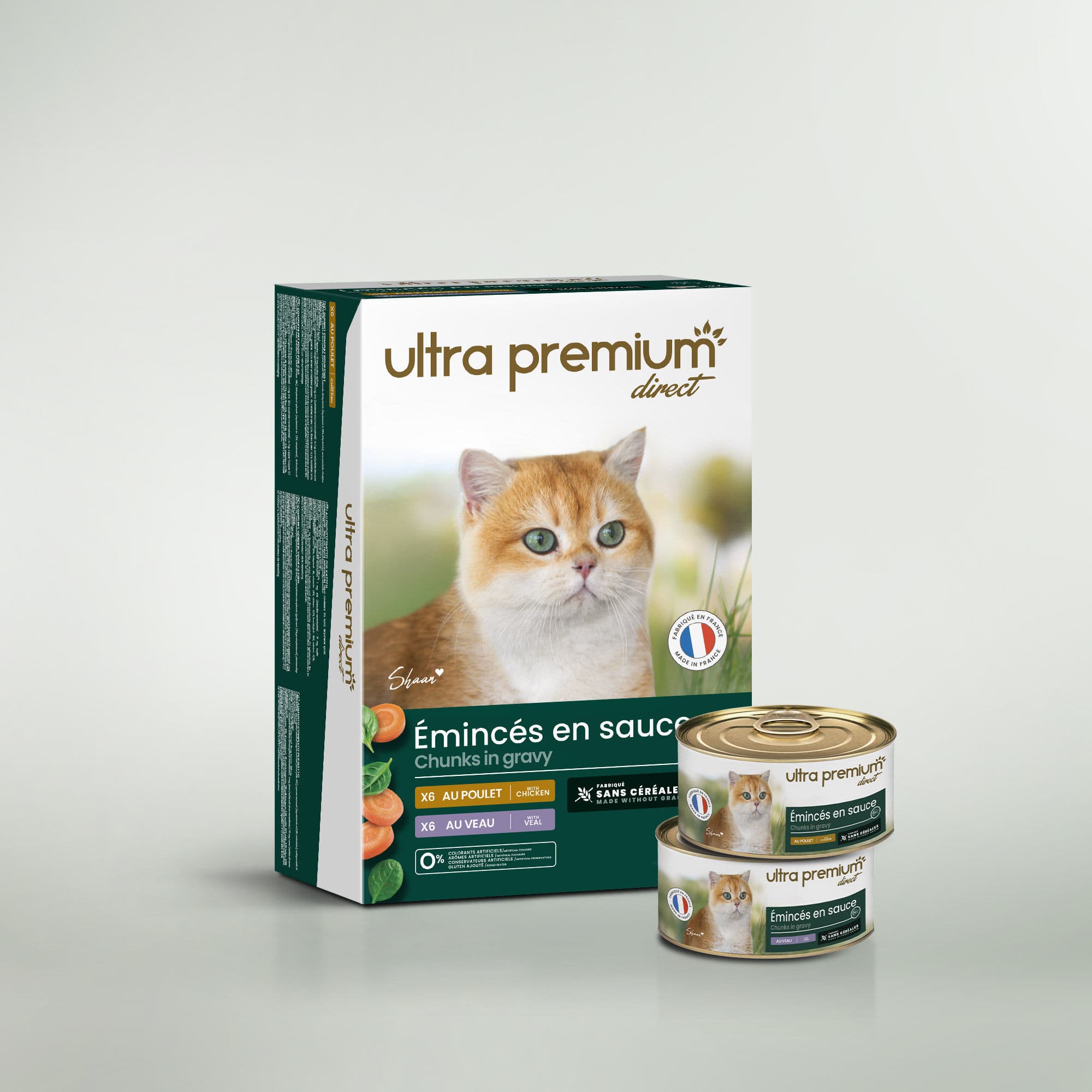 Lot de Pâtée Chat - Émincés en Sauce Veau / Poulet - 3x(12x85g) - Fabriqué en France Sans Céréales - Ultra Premium Direct