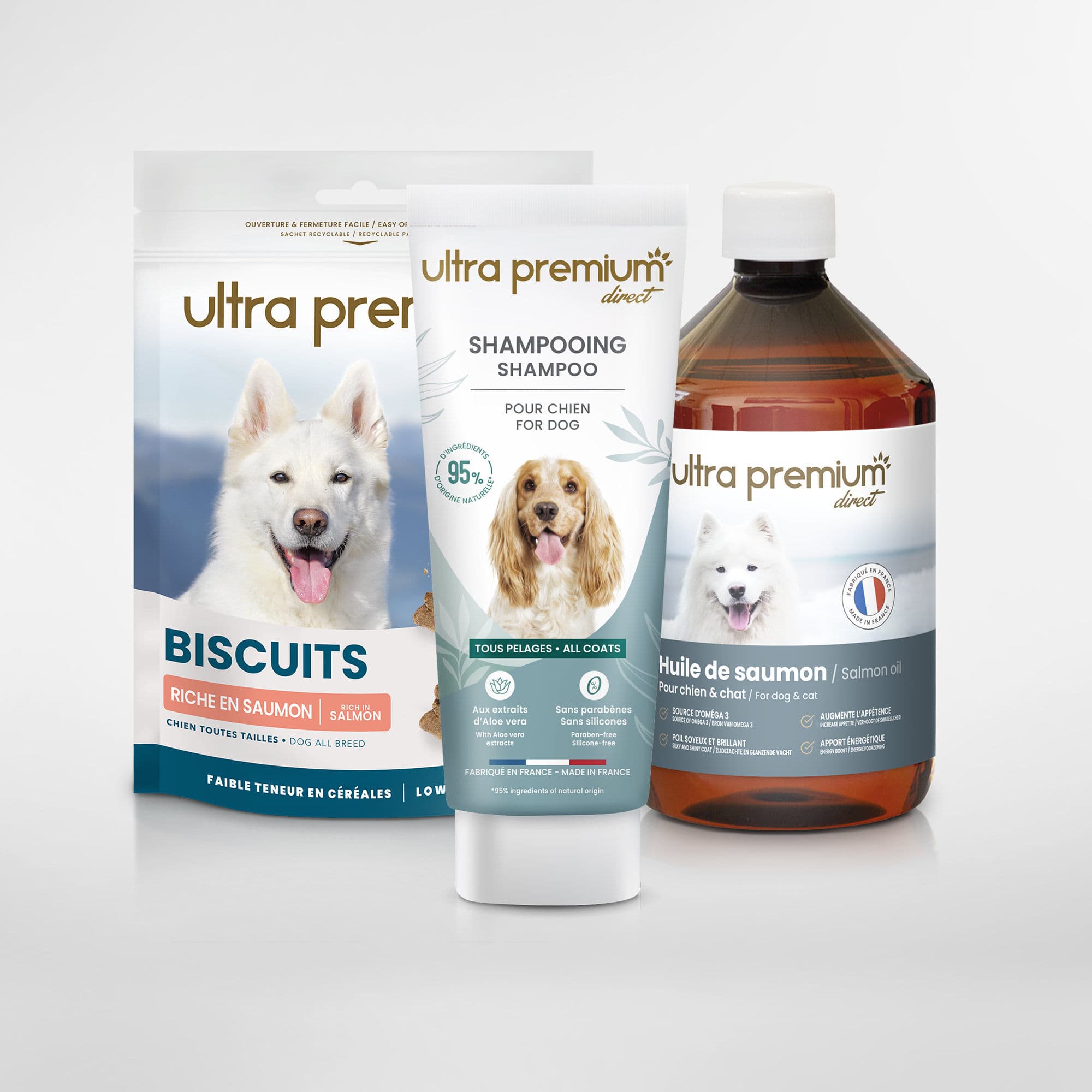 Kit peau & pelage chien : Friandises Chien Saumon (150g) + Huile de Saumon + Shampooing - Fabriqué en France Sans Céréales - Ultra Premium Direct