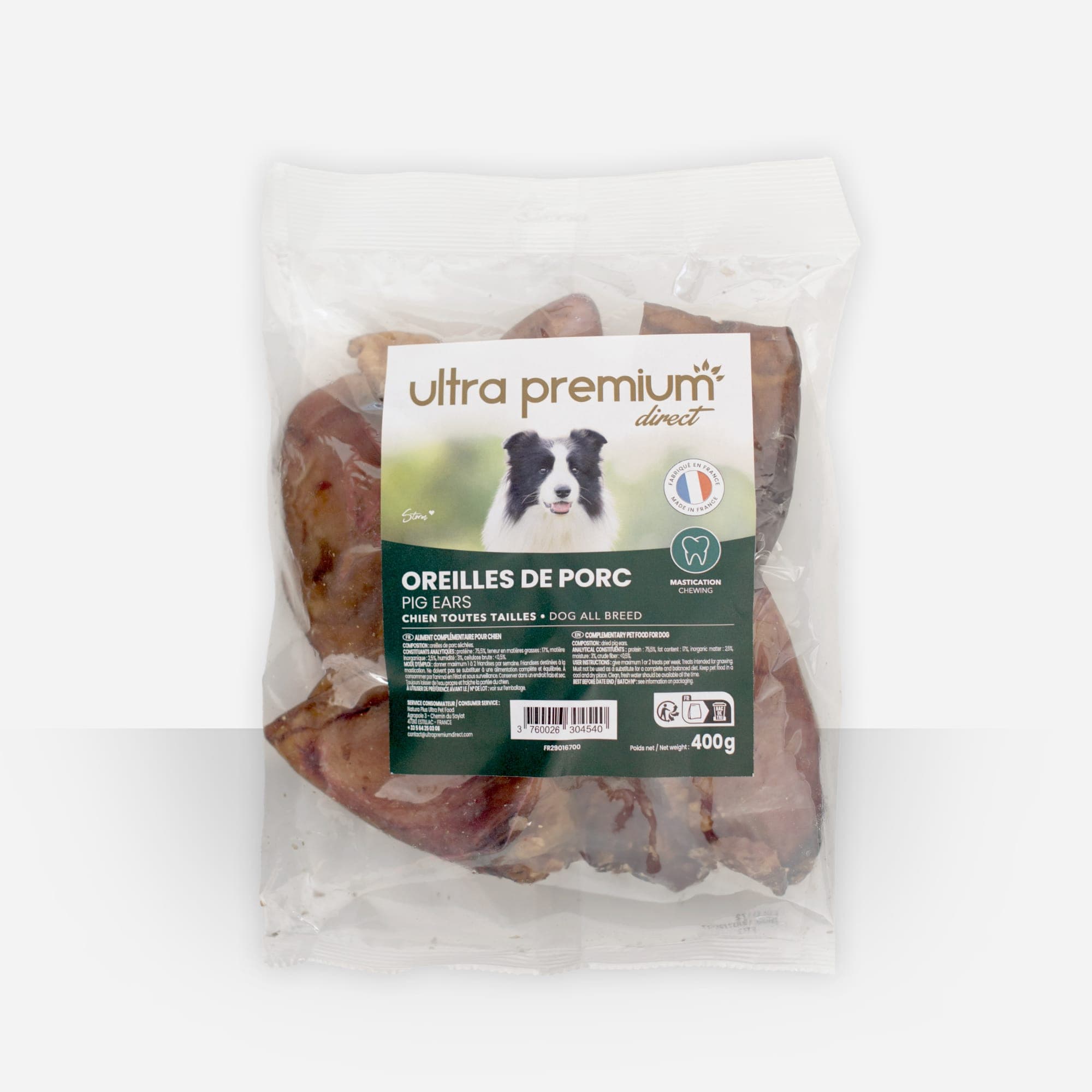 Lot d'Oreilles de porc pour chien - Friandises chien d'origine naturelle - 3x400g - Fabriqué en France - Ultra Premium Direct