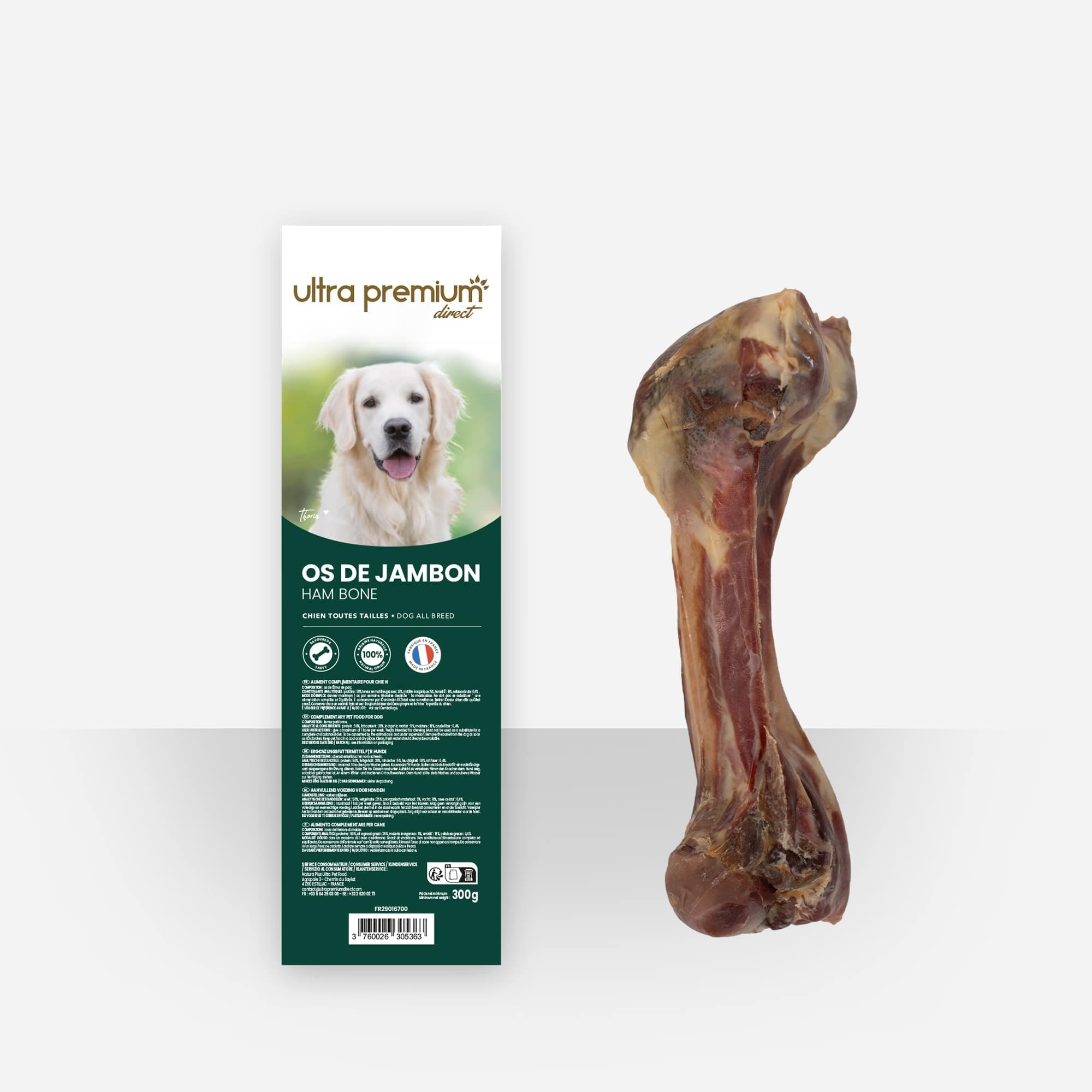 Os de jambon pour chien - Mastication longue durée - 100% d'origine naturelle - 300 g - Fabriqué en France - Ultra Premium Direct
