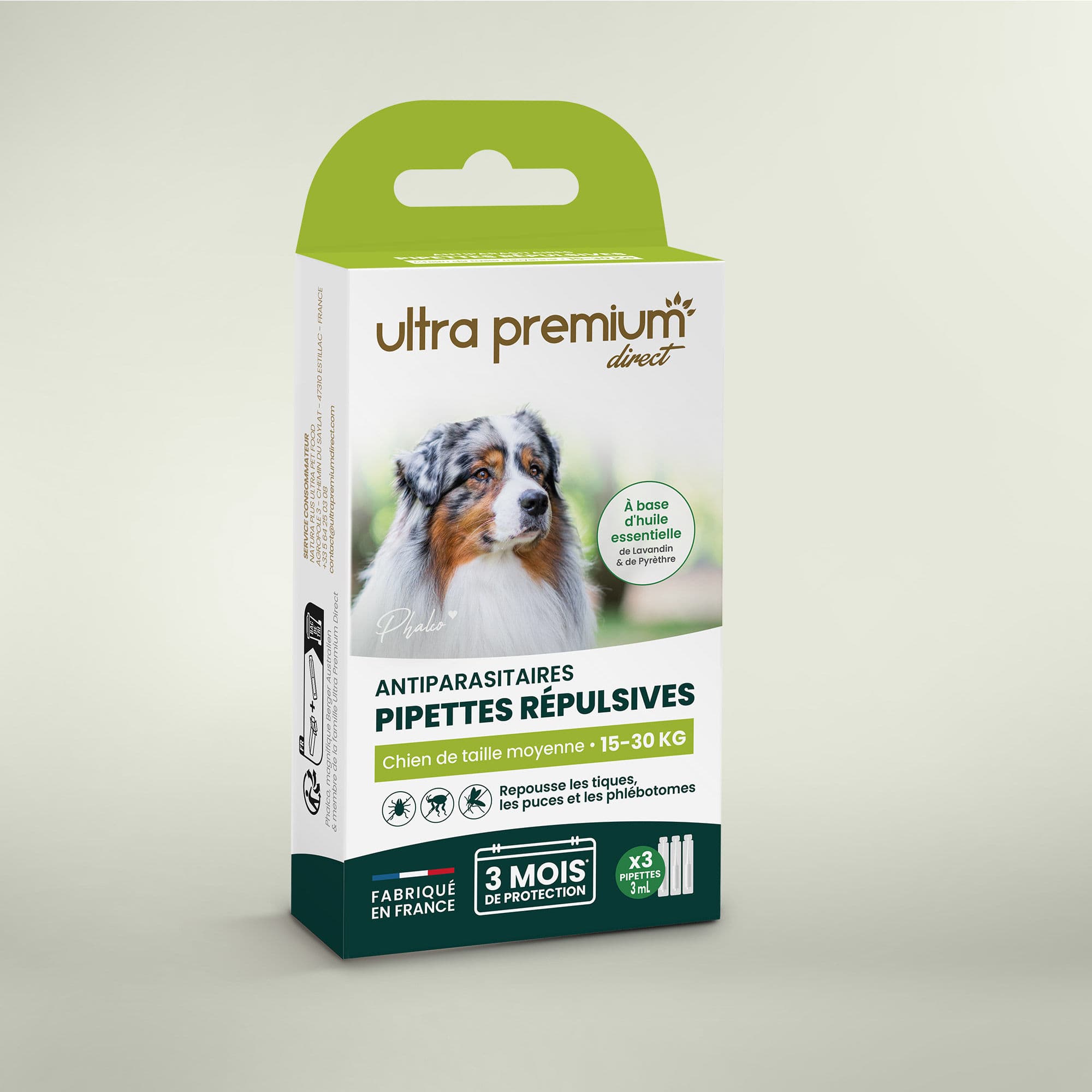 Pipettes répulsives Antiparasitaires pour chien de taille moyenne (15 à 30 kg) - Boîte de 3 pipettes - Fabriqué en France - Ultra Premium Direct