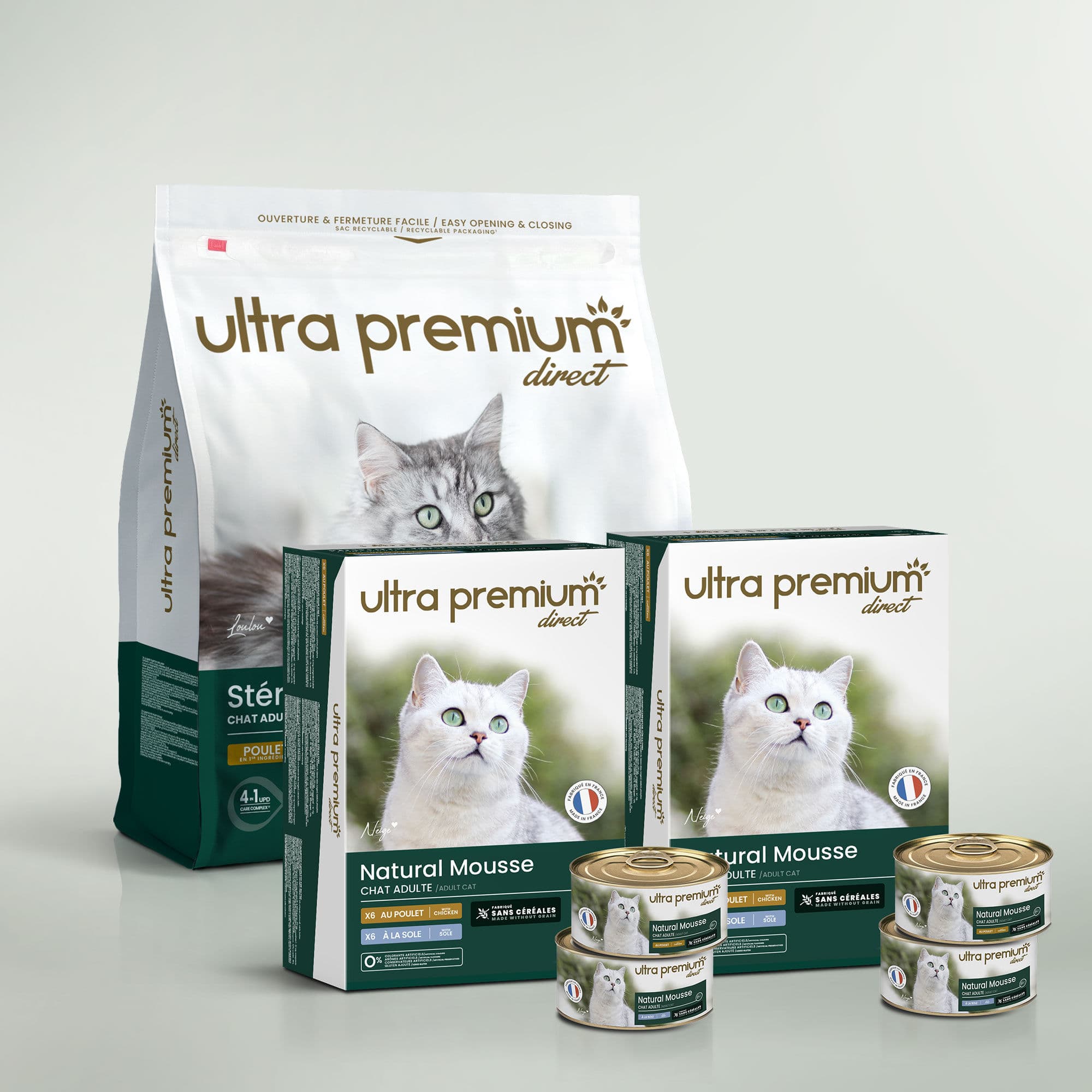 Pack Bi-Nutrition Chat Stérilisé - Croquettes Poulet (7kg) et Mousses Sole/Poulet (72x85g) - Fabriqué en France Sans Céréales - Ultra Premium Direct