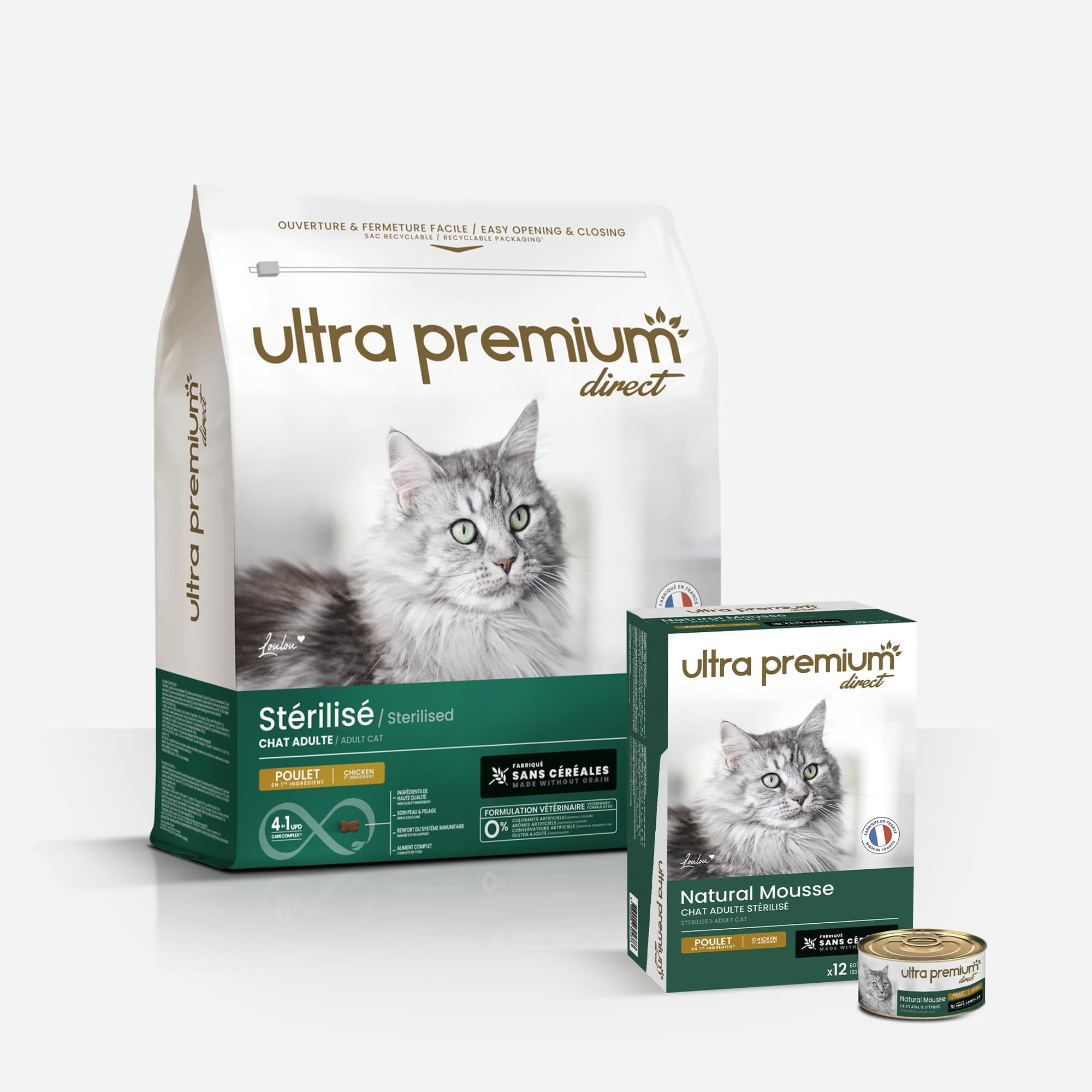 Pack bi-nutrition chat stérilisé : 3 kg croquettes sans céréales poulet + 12 boîtes de mousse sans céréales poulet 