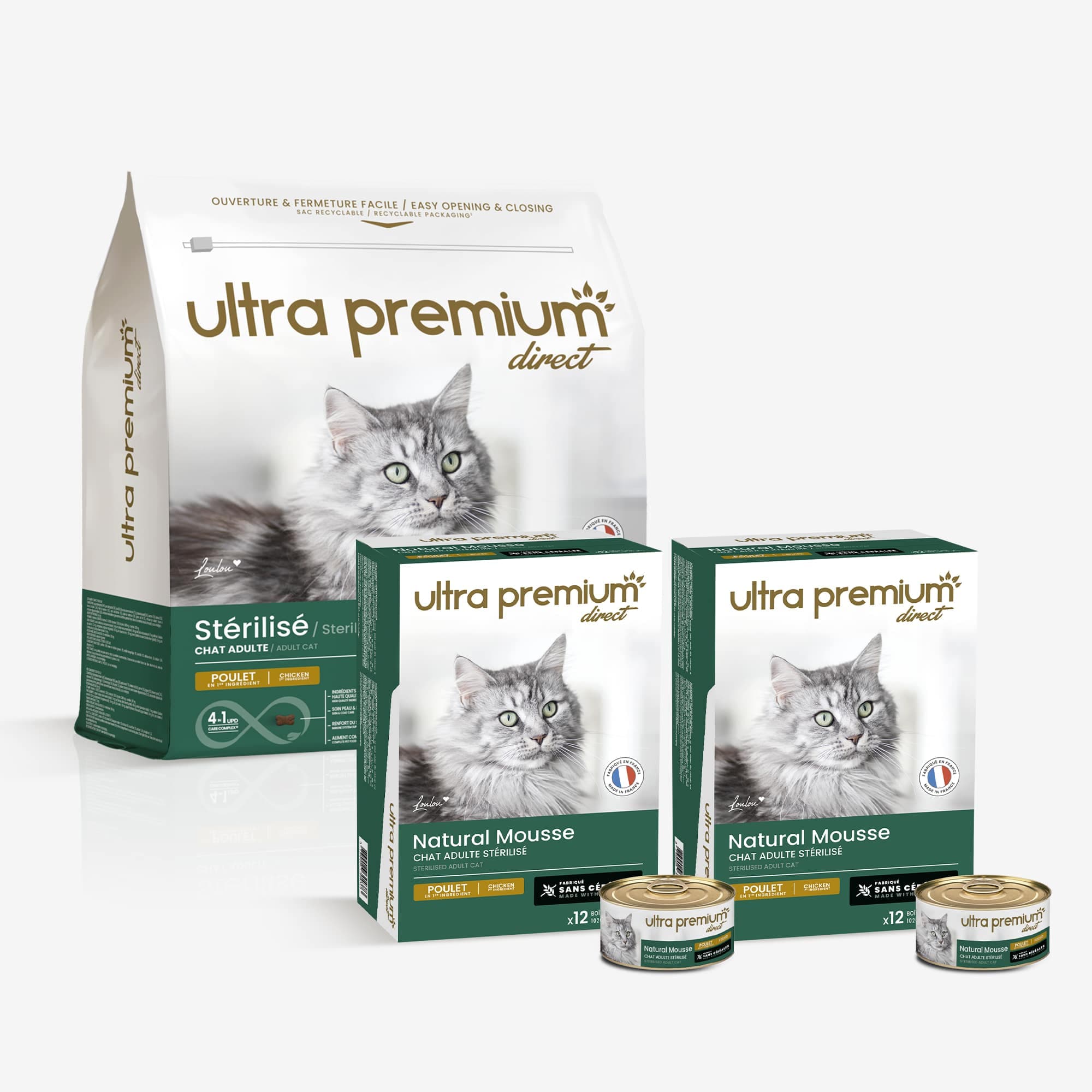 Pack bi-nutrition chat stérilisé : 7 kg croquettes sans céréales poulet + 72 boîtes de mousse sans céréales poulet 