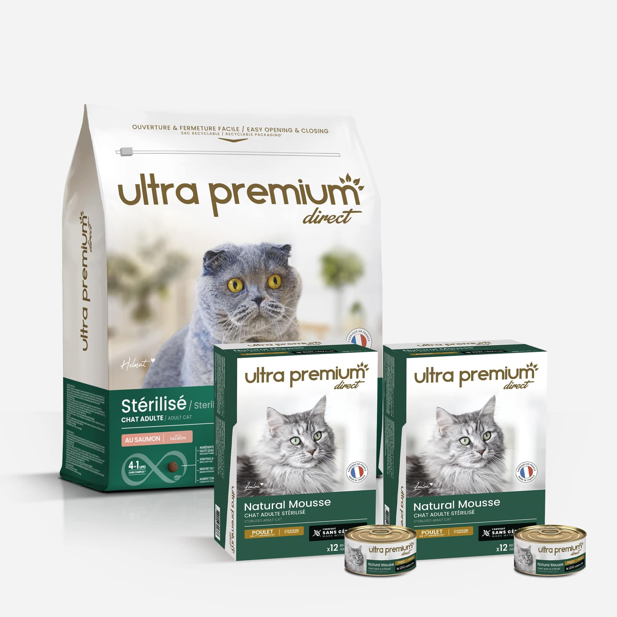 Pack bi-nutrition : 7 kg croquettes au Saumon sans céréales pour chat stérilisé + 72 boîtes de mousse sans céréales au Poulet 