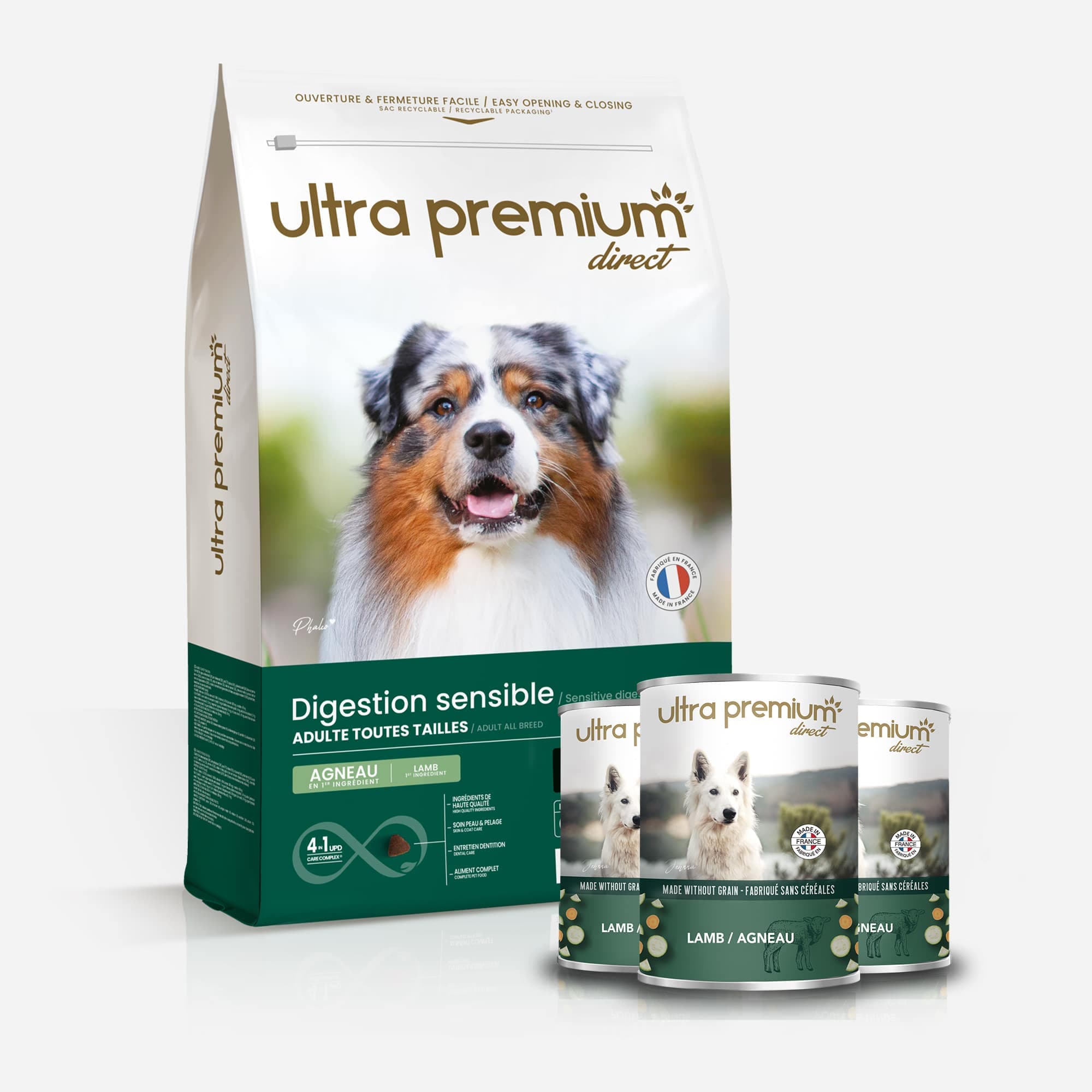 Pack bi-nutrition : 12 kg croquettes sans céréales chien Digestion Sensible + 24 boîtes pâtée agneau 