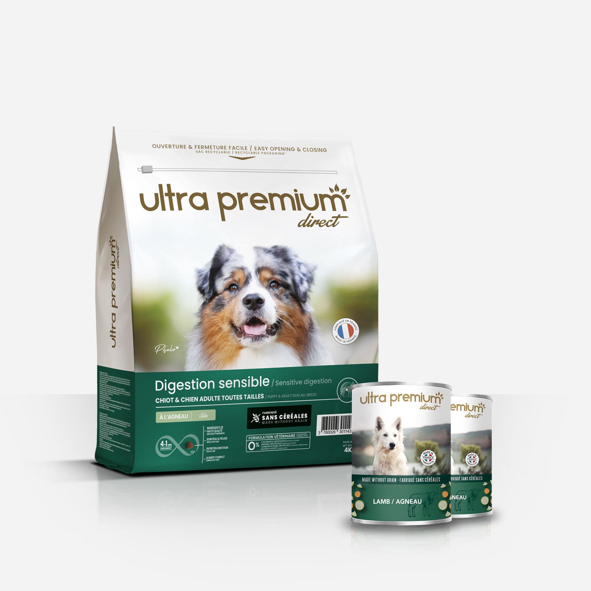 Pack bi-nutrition : 4 kg croquettes sans céréales chien Digestion Sensible + 2 boîtes pâtée agneau 