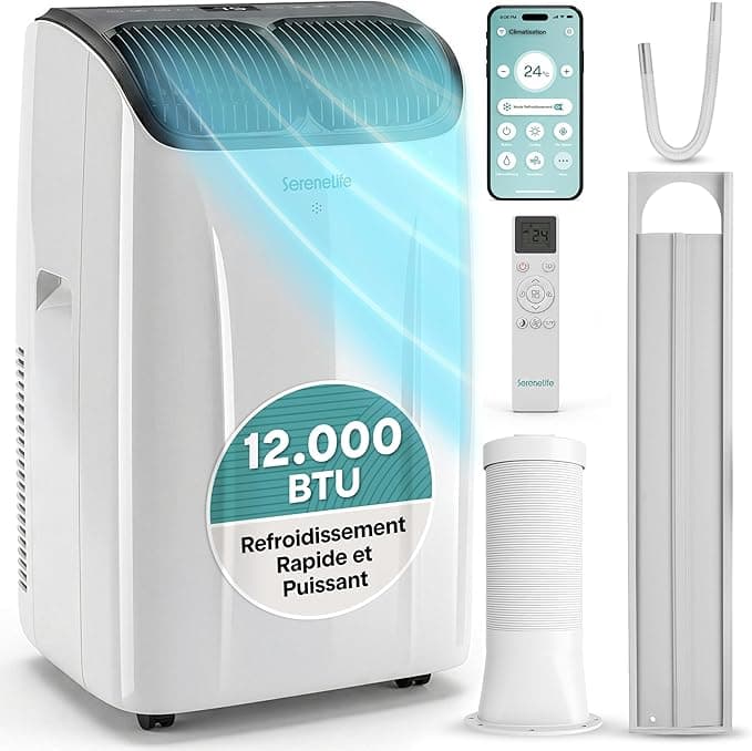 SereneLife 12.000 BTU Mobile Klimaanlage – 4-in-1 Leise mobile Klimaanlage mit WLAN, Luftkühler, Luftentfeuchter, Ventilator, Heizung, Fensterkit und 