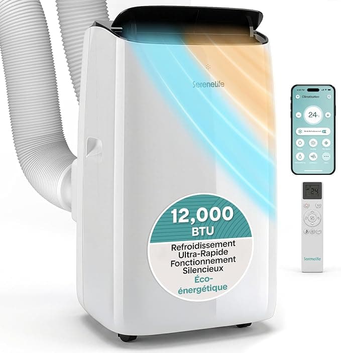 SereneLife Tragbare Inverter-Klimaanlage A+++ 12.000 BTU Doppelschlauch – 4-in-1: Kühlen, Heizen, Entfeuchten und Belüften, automatische Luftverteilun