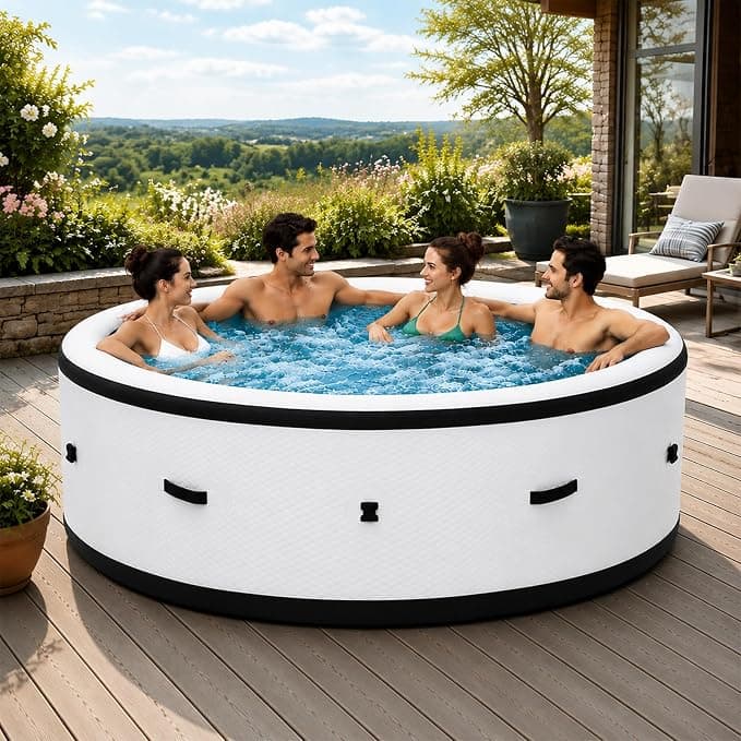 Aufblasbarer Whirlpool für 4–6 Personen, rund, Ø 206 x 71 cm, weiß, beheizter Außen-Whirlpool, Schnellaufheizung auf 40 °C, 150 Massagedüsen, robustes