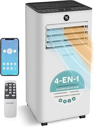 SereneLife 7000 BTU Mobile Klimaanlage, Weiß, Kompakt, WLAN – Mobile Klimaanlage, Heizung, Luftentfeuchter mit Fenstermontage-Set