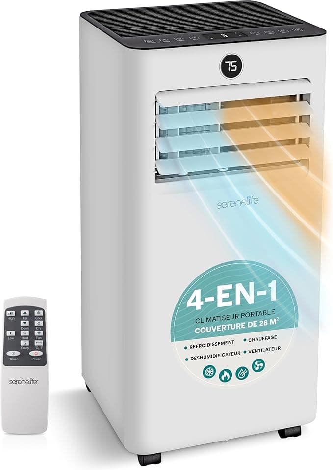 SereneLife 7000 BTU Mobile Klimaanlage mit Heizfunktion, bis zu 31 m² – Leise (55 dB), Luftentfeuchter, Ventilator, Fernbedienung und LED-Anzeige