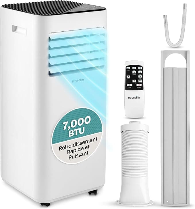 SereneLife Mobile Klimaanlage 7000 BTU 28 m² – Mobile Klimaanlage mit Abluft, 3-in-1-Gerät: Klimaanlage, Ventilator, Luftentfeuchter, inklusive Fenste